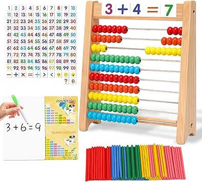 Wooden Abacus for Kids Math - 10-Row Counting Toy with 100 Beads, Number Cards & Counting Sticks, Educational Counters for Kids Math Gift for Age 3 4 5 6 7 Year Old Boy Girl