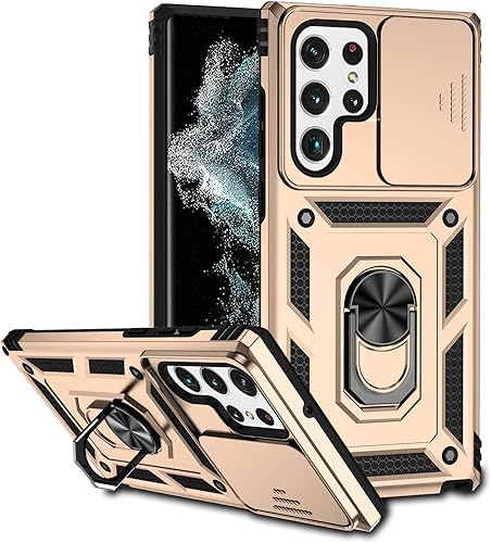 Hitaoyou Funda para Samsung Galaxy S22 Ultra con protección de lente, funda para Galaxy S22 Ultra con funda para cámara y soporte, grado militar, a