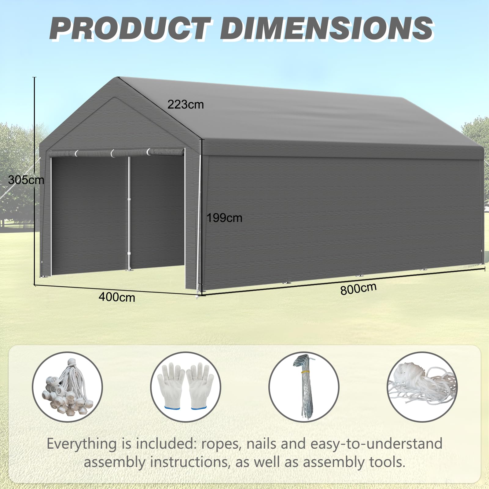 Pavillon XXL Carport 4x8m mit Stabil PE Plane, UV-beständig wasserdicht, abnehmbaren Seitenwänden, Dachverstärkung, Metallrahmen, Garagenzelt für Auto, LKW, Party, temporäre Werkstatt, Grau