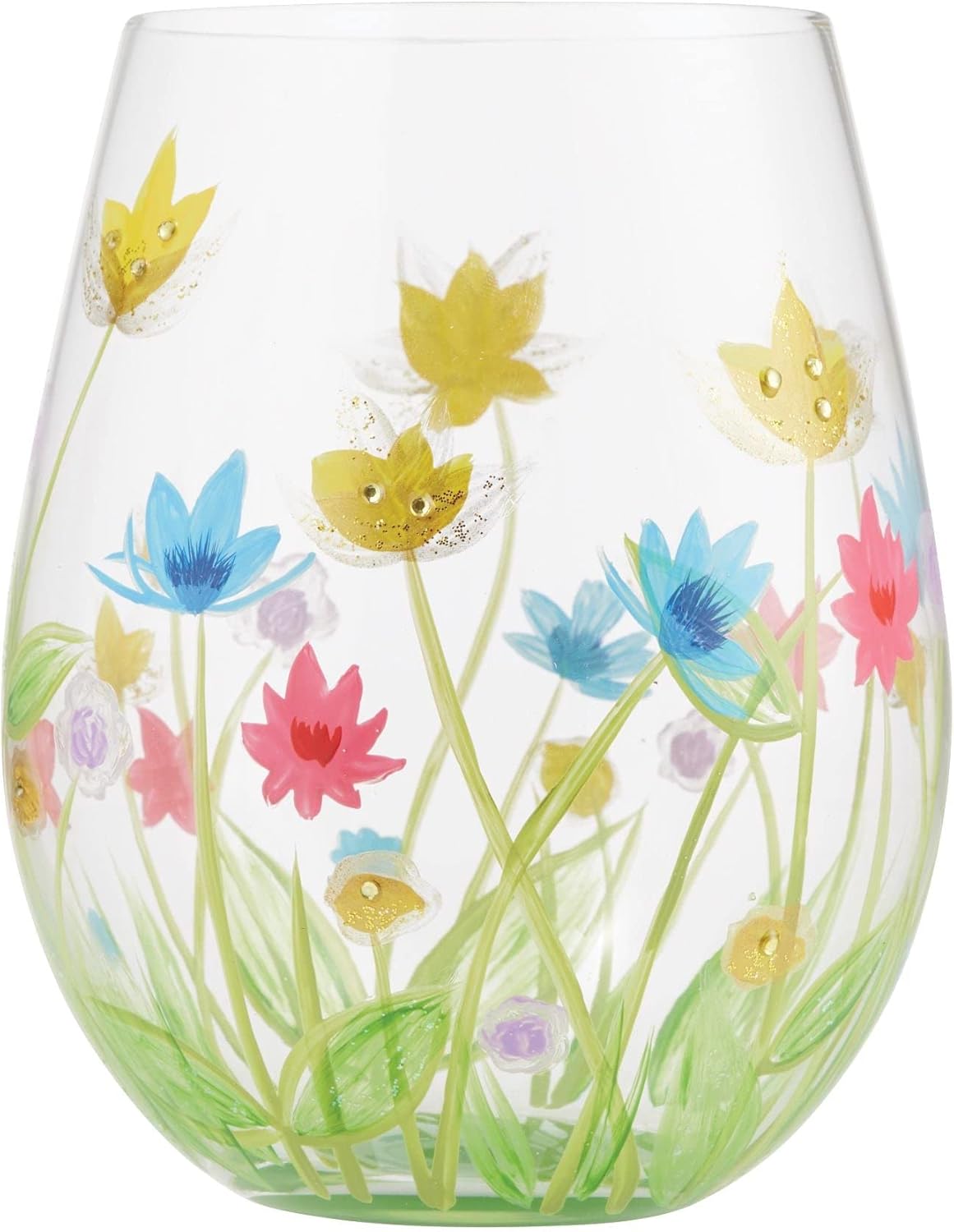 Enesco Designs by Lolita Field of Dreams Floral Hand-Painted Artisan Stemless Wine Glass, 20 Ounce, Multicolor