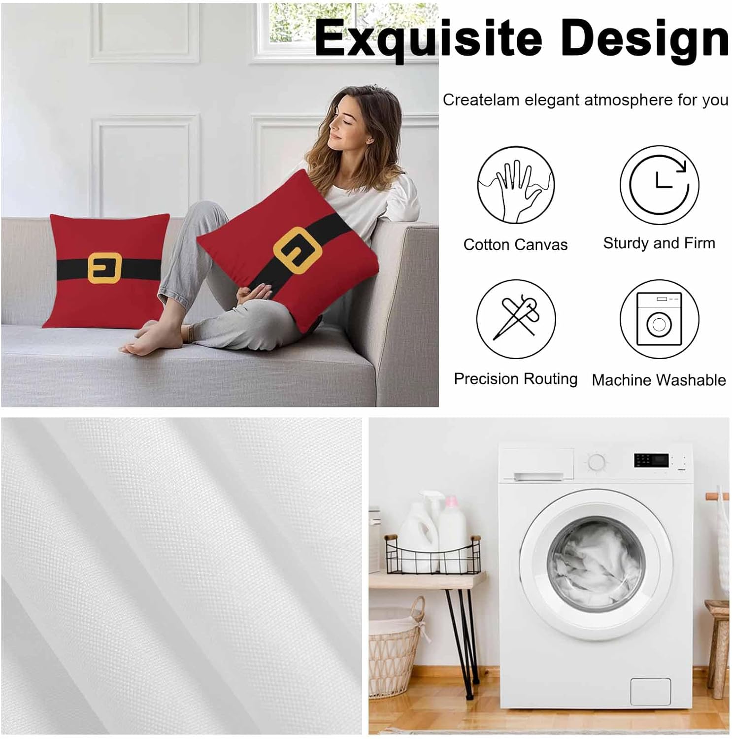 Waterproof Pillow Covers Pack of 2, Merry Christmas Santa Claus Belt Outdoor Pillowcases Cushion Cases, Yellow Black Red Decorative Throw Pillow Cover for Couch Sofa Bed