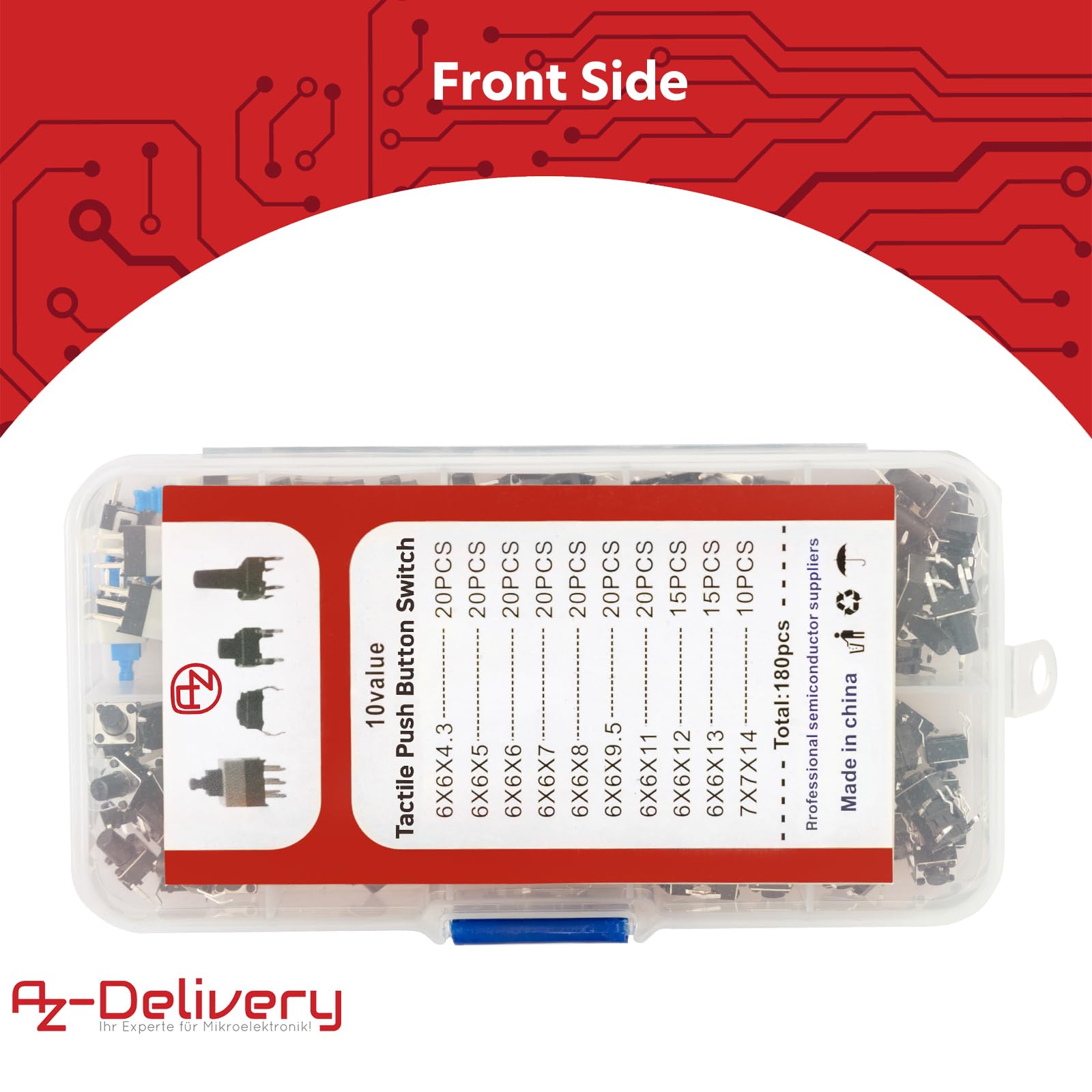 Produktbild von AZDelivery 180er-Pack Mikroschalter Taster – Verschiedene Größen Von 4,3 Bis 14 Mm, Für Arduino, Raspberry Pi & Elektronik-Projekte, Langlebig & Klickend