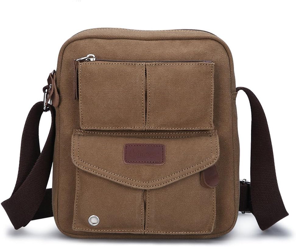 Qianying Small Durable Multi-functional Canvas Messenger Bag Crossbody Shoulder Bag Leisure Bag Fanny Bag for Men and Women Brown