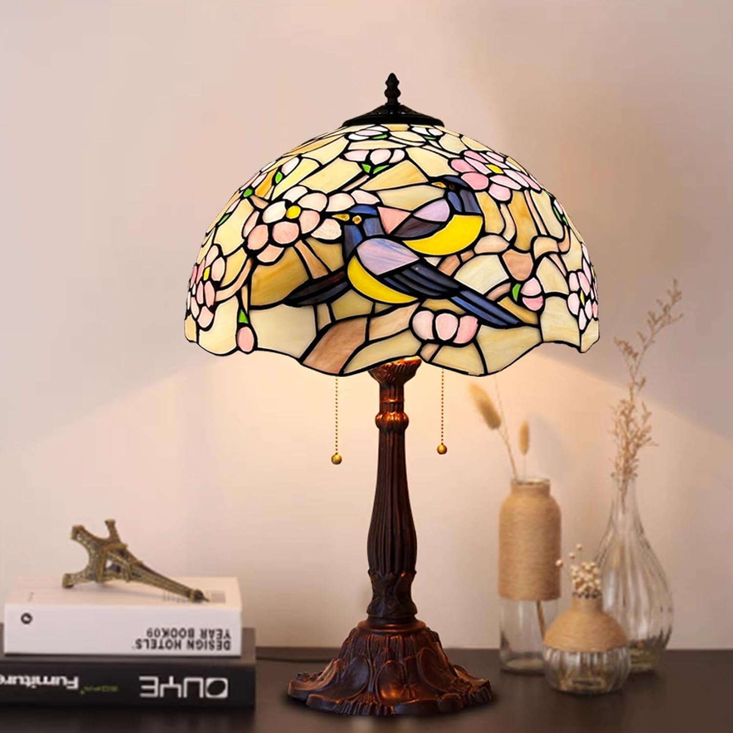 16 Inch Magpie & Plum Blossom Stained Glass Lampshades, Tiffany Replacement Lamp Shade, Only Handmade Retro Cherry Blossom Bird Glass Light Cover for Table Lamp Floor Lamp Pendant Light