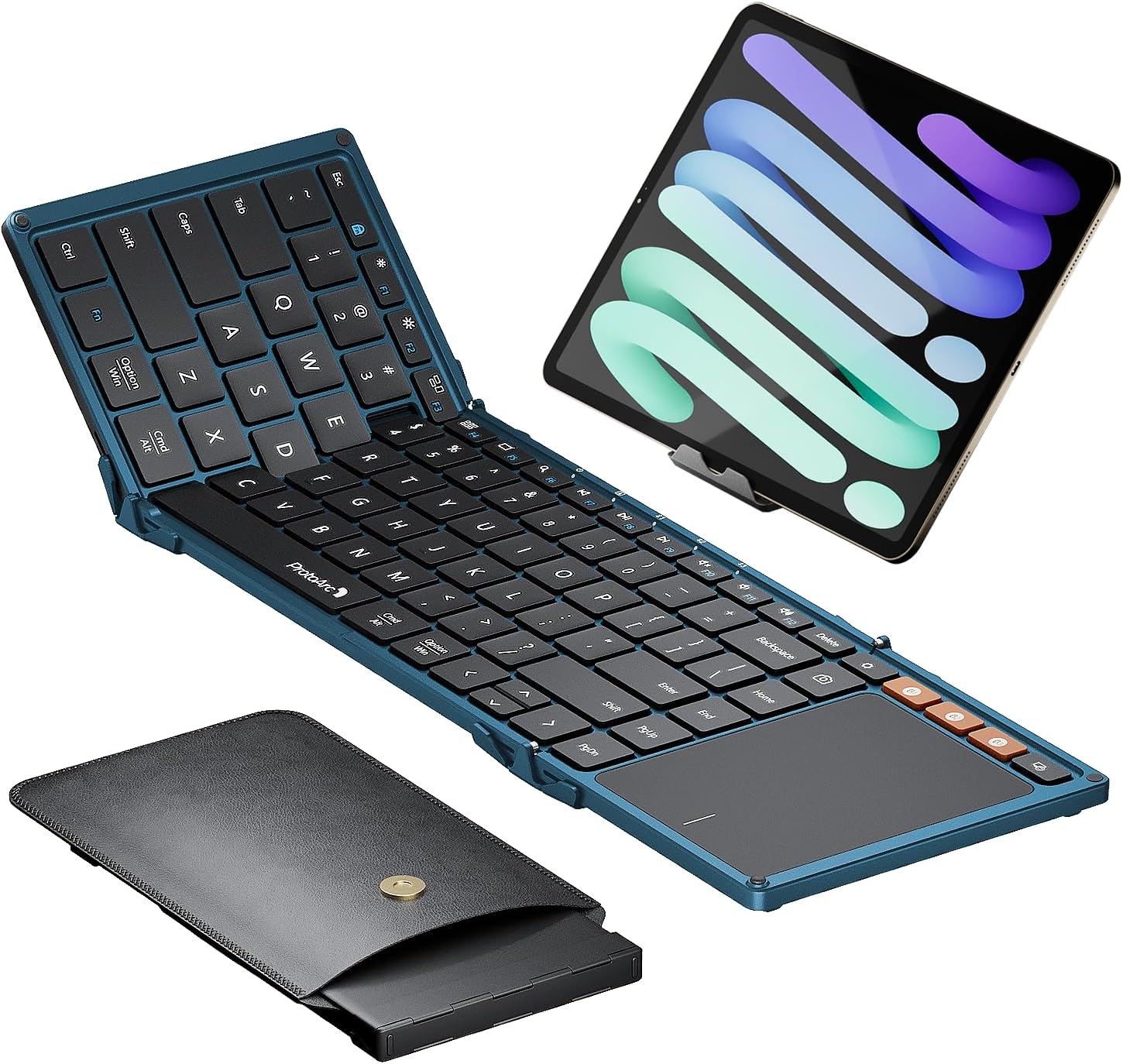 Foldable Keyboard with Touchpad, XK01 TP Folding Portable Keyboard, Full Size Keys, Large Trackpad Bluetooth Travel Keyboards for Laptop PC Tablet - Blue