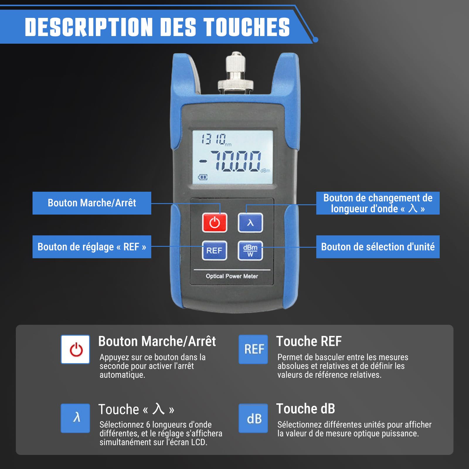 Testeur électrique TL510 testeur de puissance optique, détecteur -70~+10dBm