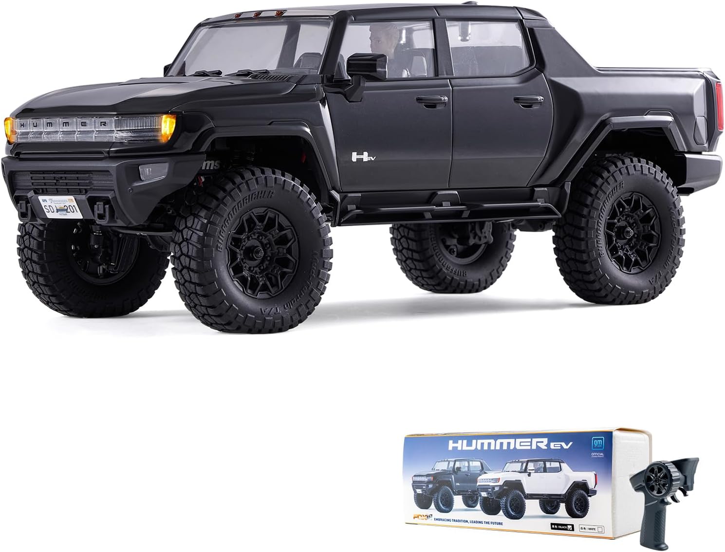 FCX18 FMS 1/18 Hummer EV RC Crawler, RC Pick-up Truck, RC Rock Crawler with 2 Speed, Lighting Control for Adults (Black)
