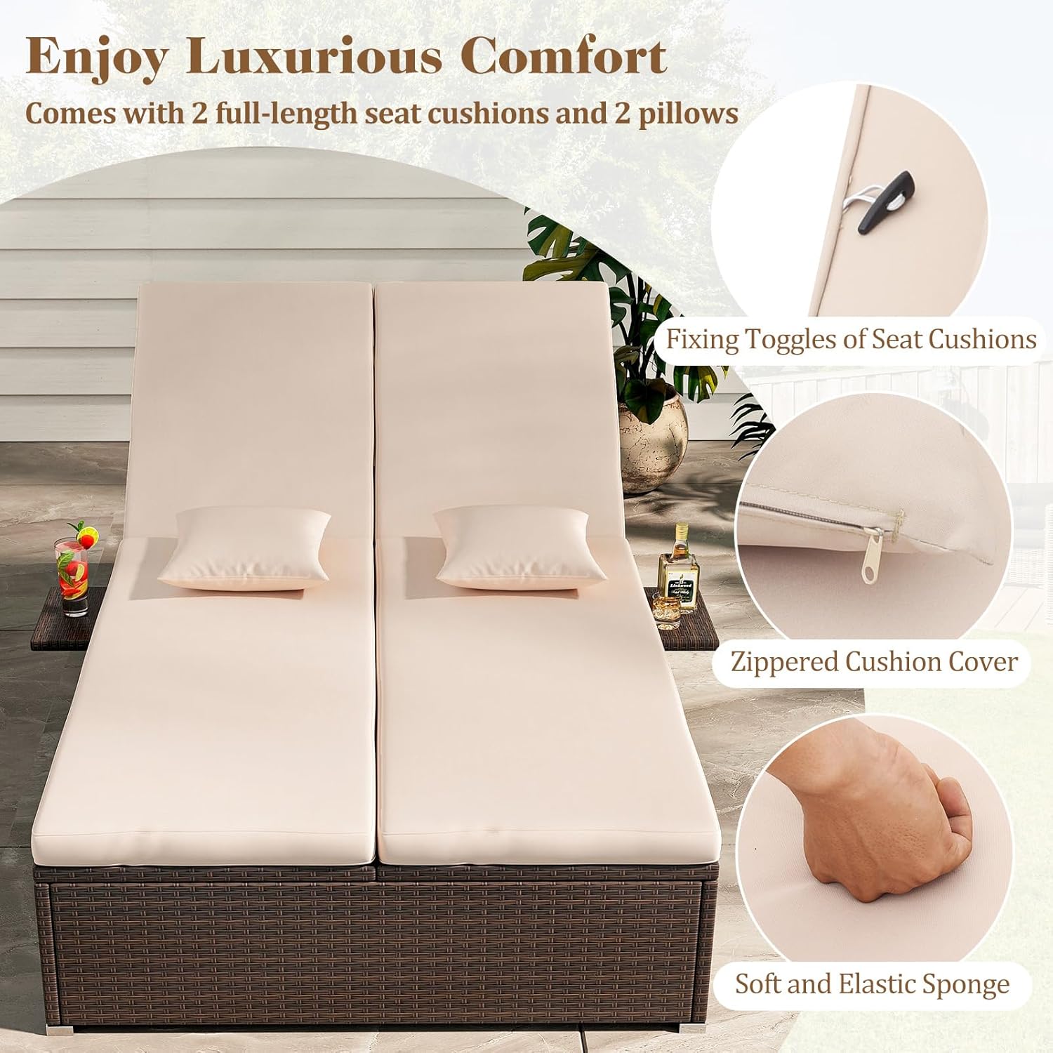 Tangkula Outdoor Rattan Daybed with 6-Level Adjustable Backrests, 2-Person Adjustable Wicker Recliner Bed with Cushions & Folding Side Trays, Double Sunbed Lounger for Balcony, Backyard & Poolside