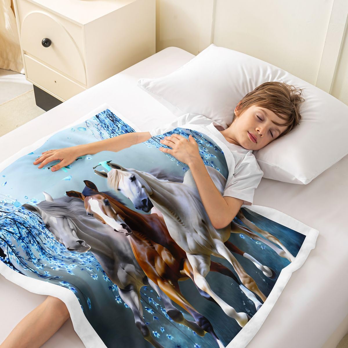 Manta Sherpa con diseño de caballo para niños, ramas de cerezo, corcel, cobija de forro polar azul de ensueño para niñas y adolescentes, manta mullida para sofá, cama, sofá, decoración de animales