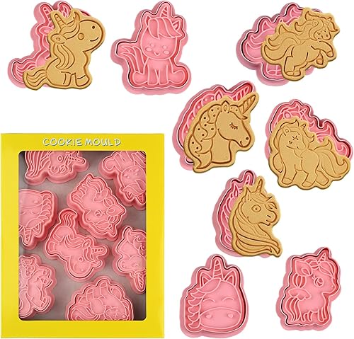 Vista 2 de Juego de cortadores de galletas de unicornio de 8 piezas con sellos de émbolo, sellos en relieve de cabeza de unicornio para hornear galletas