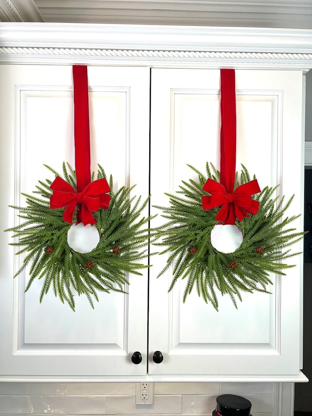 Set of 2 Christmas Candle Rings 16 Inch Table Wreath Small Artificial Norfolk Pine Wreaths, Double Use Pine Candle Wreath or Greenery Wreaths for Table Centerpiece, Mantel Christmas Decor