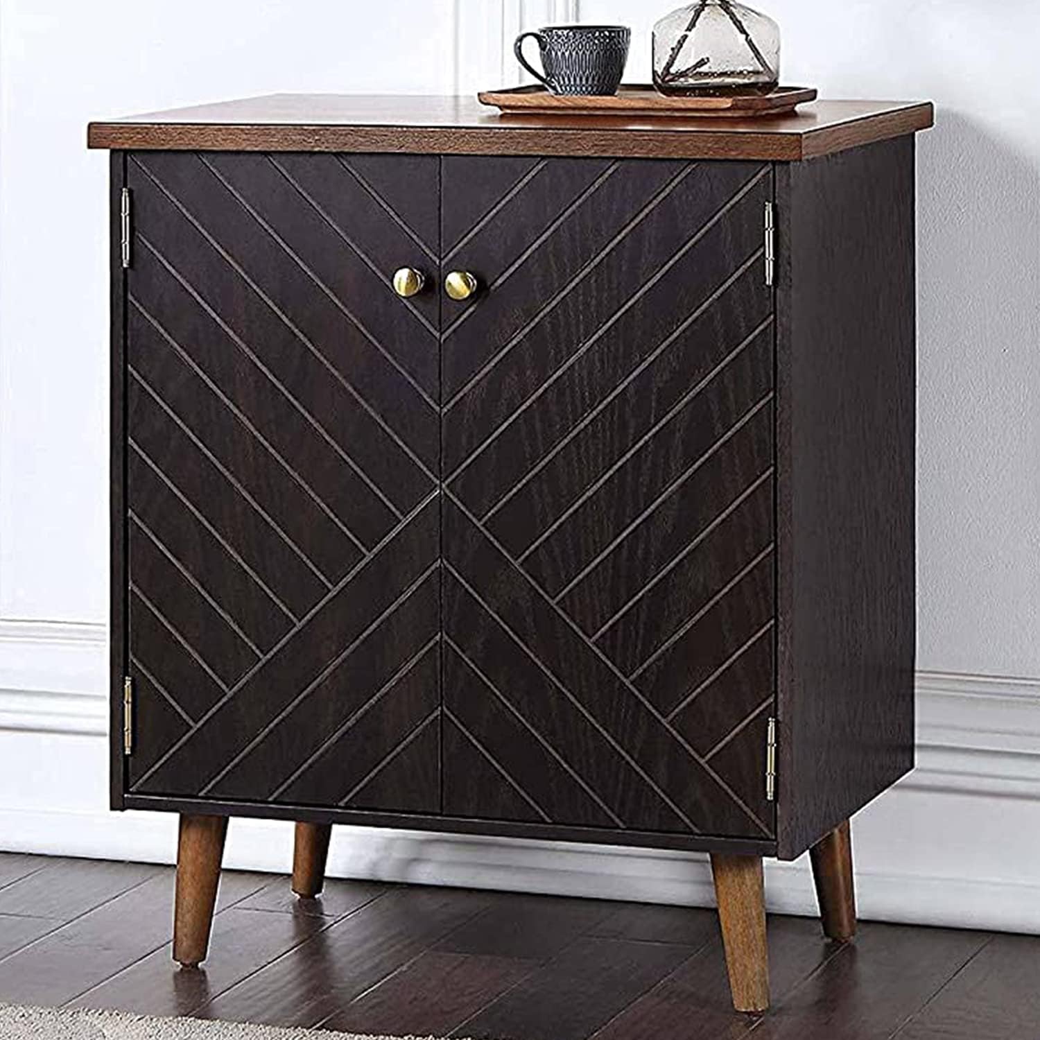 LALUZ Accent Cabinet Nightstands with 2pcs Round Handle for Home, Oak Wood Brown 28 Inch 28" L * 18" W * 32" H Black and Brown