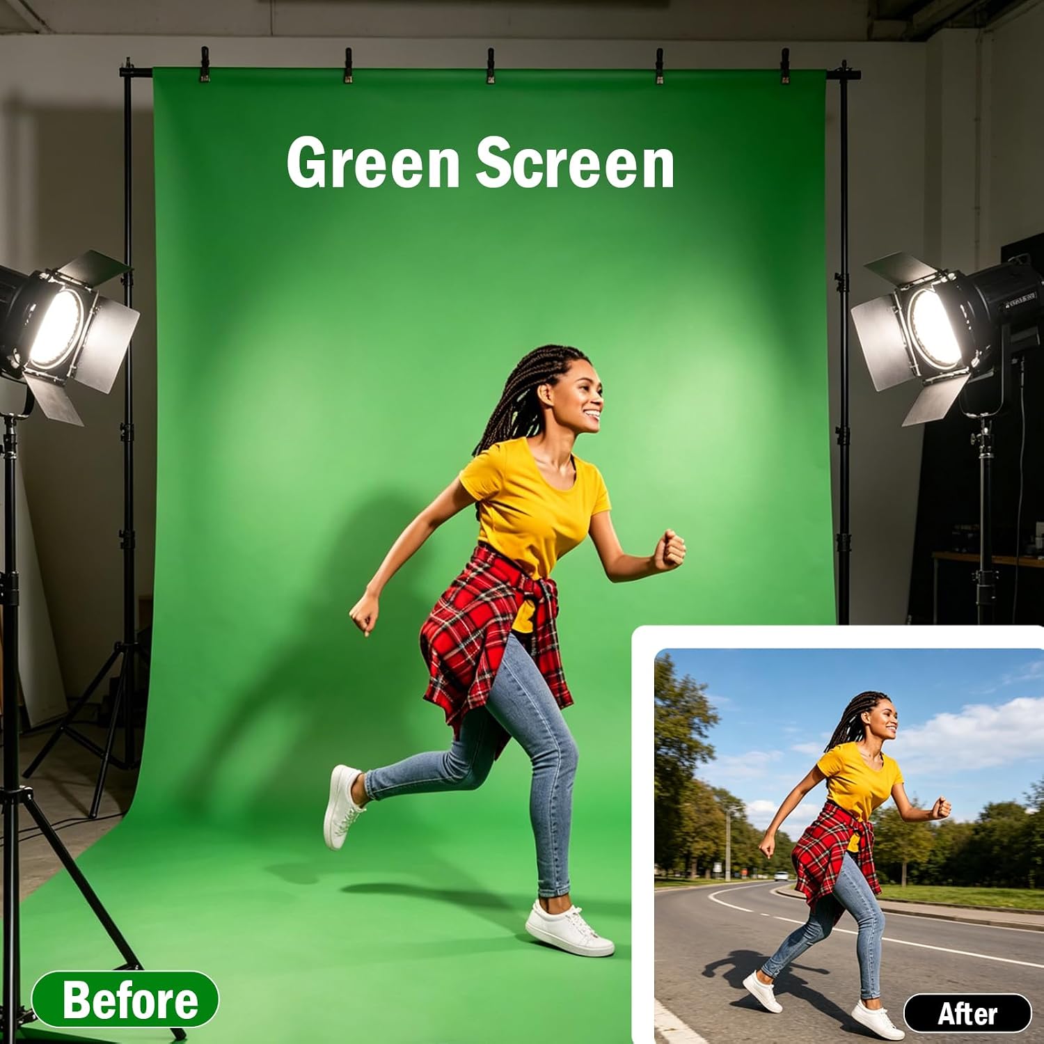 Green Screen Backdrop Kit - 10ft Wide x 6.5ft Tall Portable Green Screen with Heavy Duty Stand, 5 Heavy Duty Clamps & Carrying Bag for Professional Photography, Video Production, Gaming, Zoom Calls