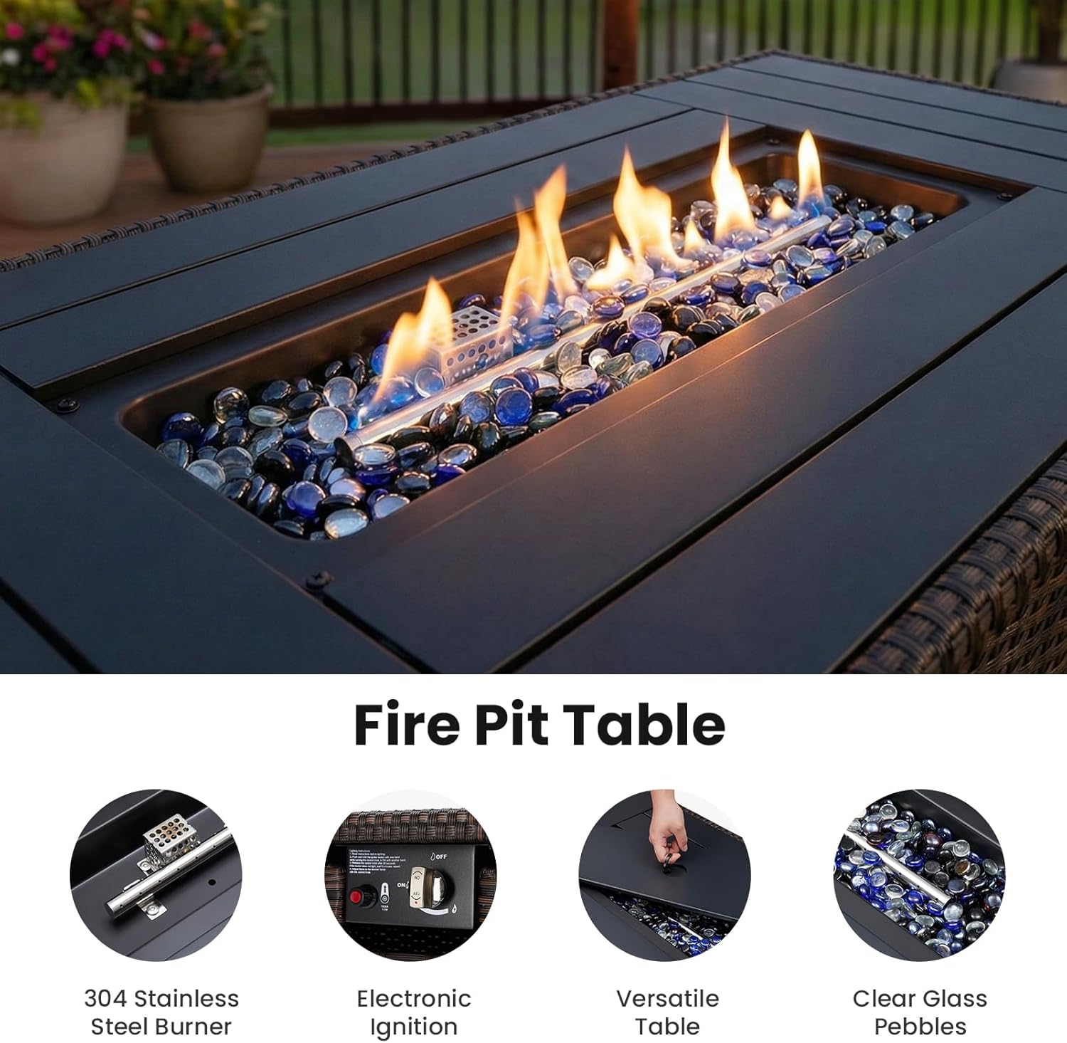 Soohow 8 Piece Patio Furniture Set with 44" Fire Pit Table, Outdoor Sectional Wicker Rattan Conversation Set for Garden, Porch, Backyard - Navy Blue Cushions