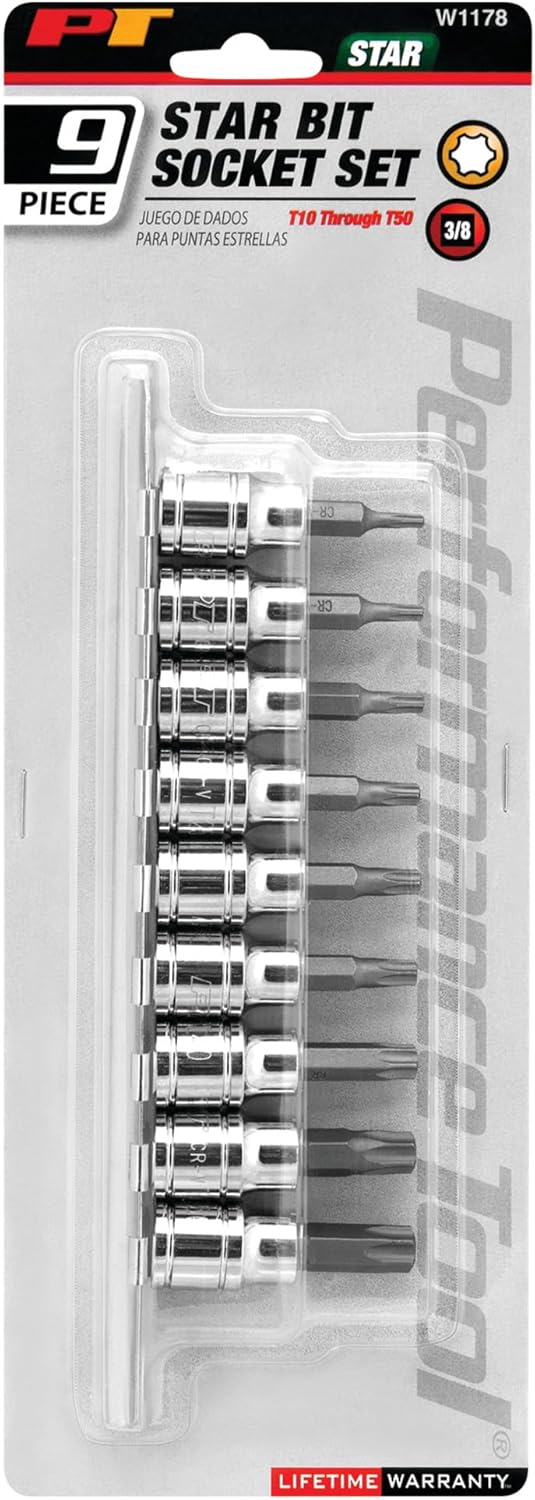 Performance Tool W1178 Professional Sand Finish Torx Bit Set with Bonus Storage Rail - Hardened Alloy Steel Bits in Sizes T10 to T50