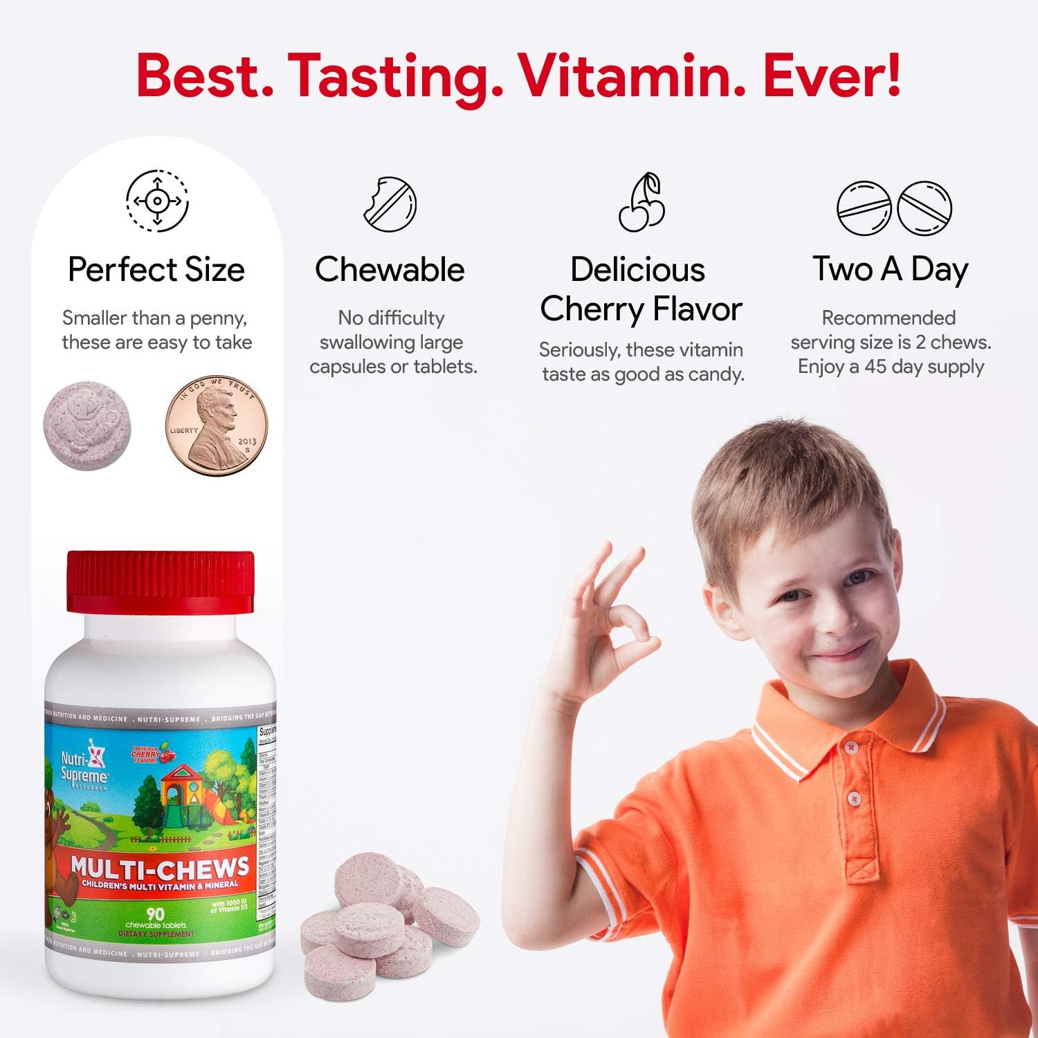 Delicious Kids Multivitamin, 90 Vegetarian Gummies – Complete Children’s Supplement with Essential Vitamins and Minerals - Vitamin A, B, C, D3, Calcium, Iron, Folic Acid, Zinc – Cherry Flavor