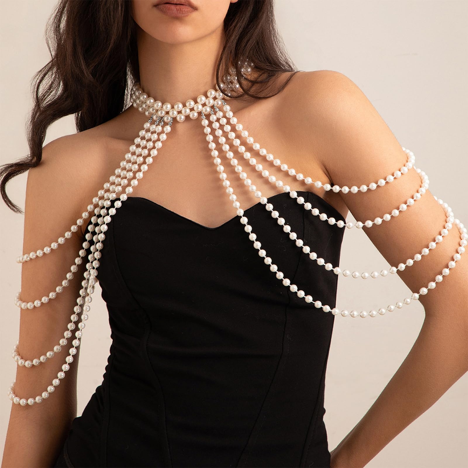 NICENEEDED Cadena de Hombro de Perlas, Collar Cadena de Brazo de Cuentas, Cadena de Cuerpo de Cadena de Sujetador de Bikini de Playa de Verano con Cadena Trasera de Hombro para Boda Nupcial