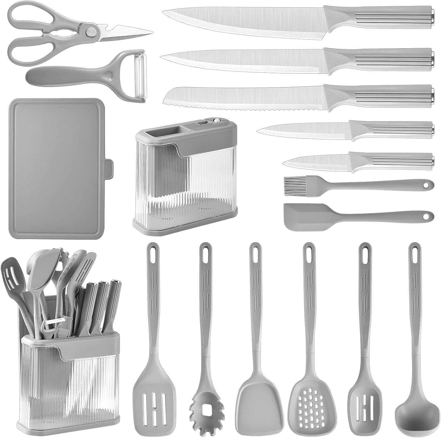 17pcs Kitchen Utensils Set with Sharp Stainless Steel Knives and Scissors Durable Silicone Cooking Utensils Kitchen Set with Knife Holder(Grey)