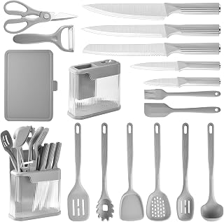 17pcs Kitchen Utensils Set with Sharp Stainless Steel Knives and Scissors Durable Silicone Cooking Utensils Kitchen Set with Knife Holder(Grey)