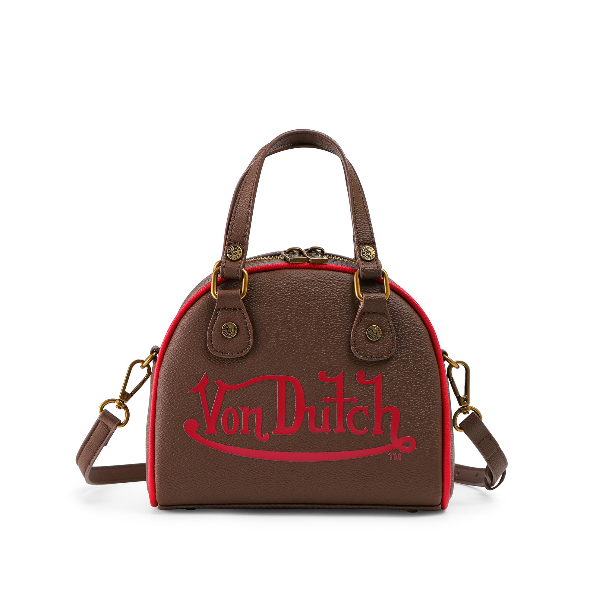 Von Dutch Womens Two Tone Bowling Bag Purse - Stylish Women's Handbag with Adjustable Strap, Spacious Interior, and Iconic Logo Design (Dark Brown and Red)