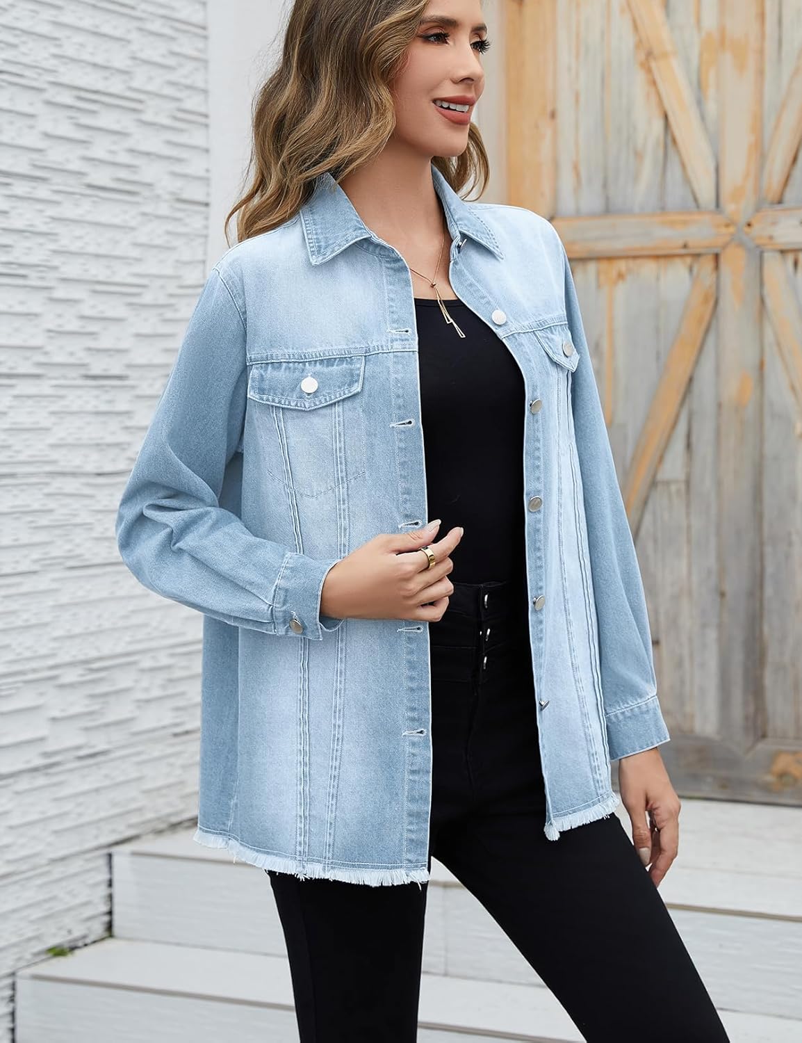 Women's Denim Jacket Long Sleeve Button Down Jean Jackets Frayed Hem Western Shirts with Pockets - Image 2