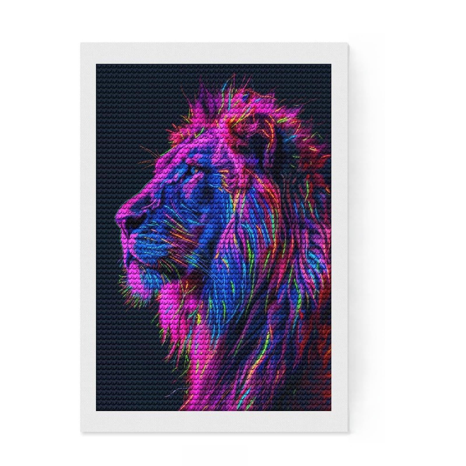 Junmoney Neon Glitch Lion DIY Diamond Art Canvas Kit 8"x12", Calming Craft to Unwind, Adhesive Canvas, Aesthetic Room Decor, Christmas Gift