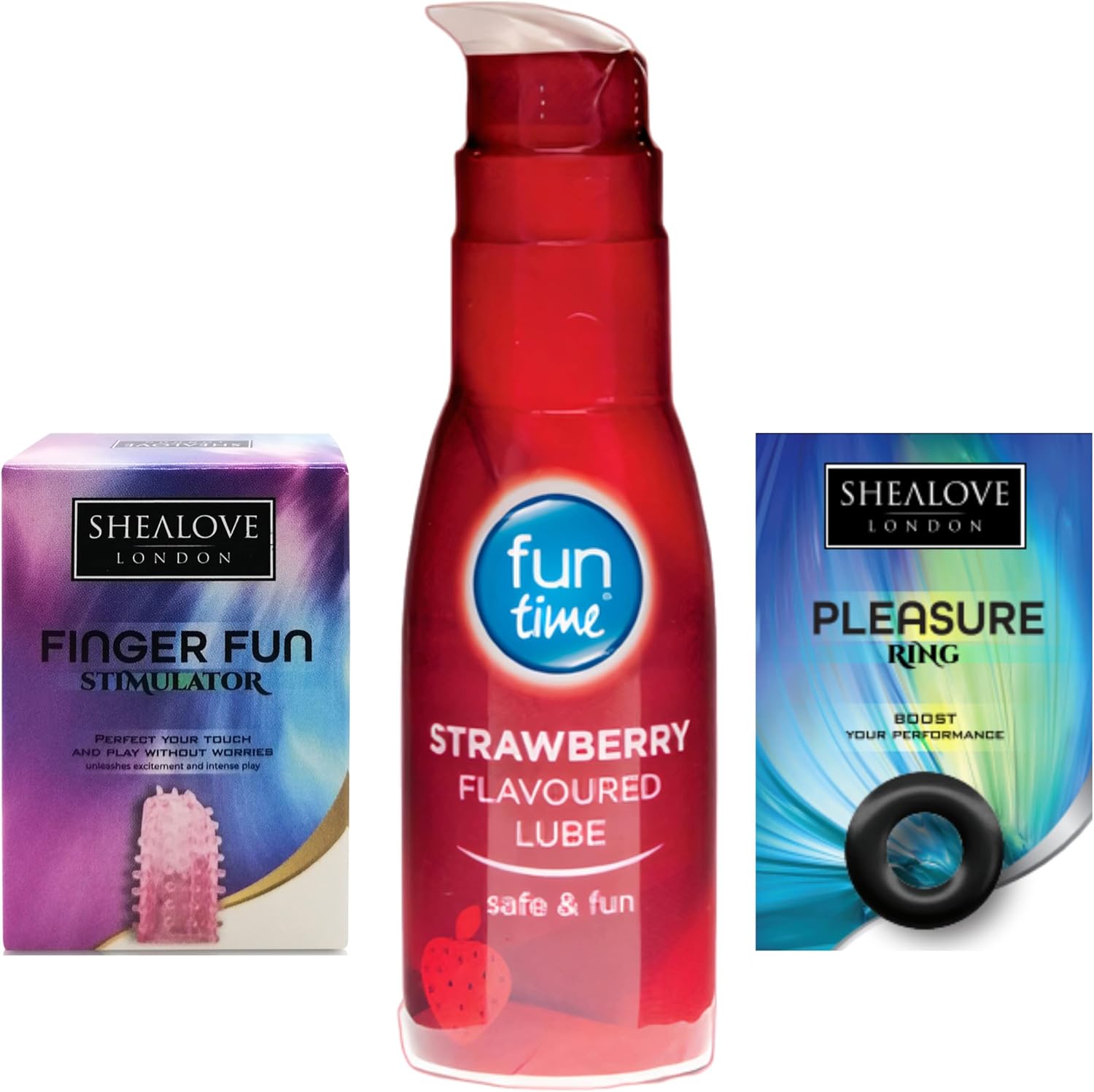 Fun Time Strawberry Flavoured Lube, Shealove London Finger Fun Stimulator, and Pleasure Ring