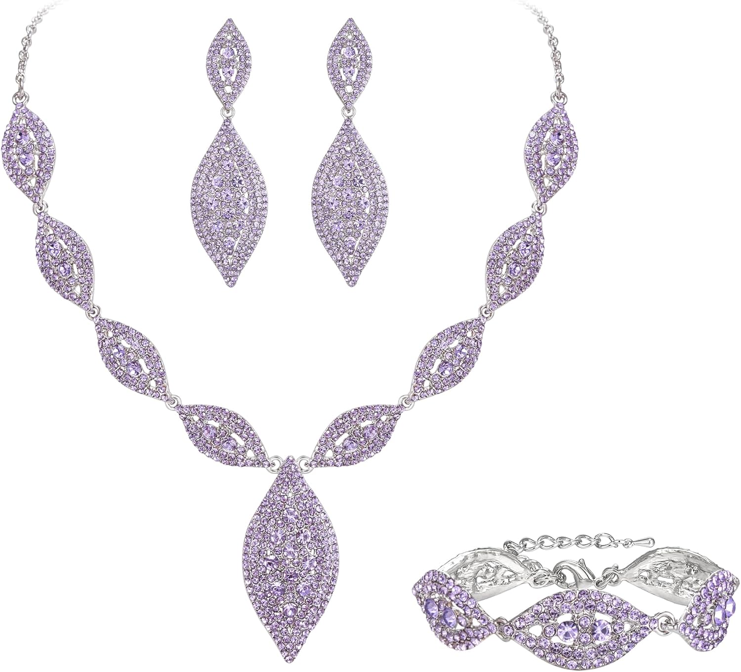 Flyonce Wedding Jewelry Set Rhinestone Crystal Bridal Leaf Necklace Drop Dangle Chandelier Earrings Sets for Women