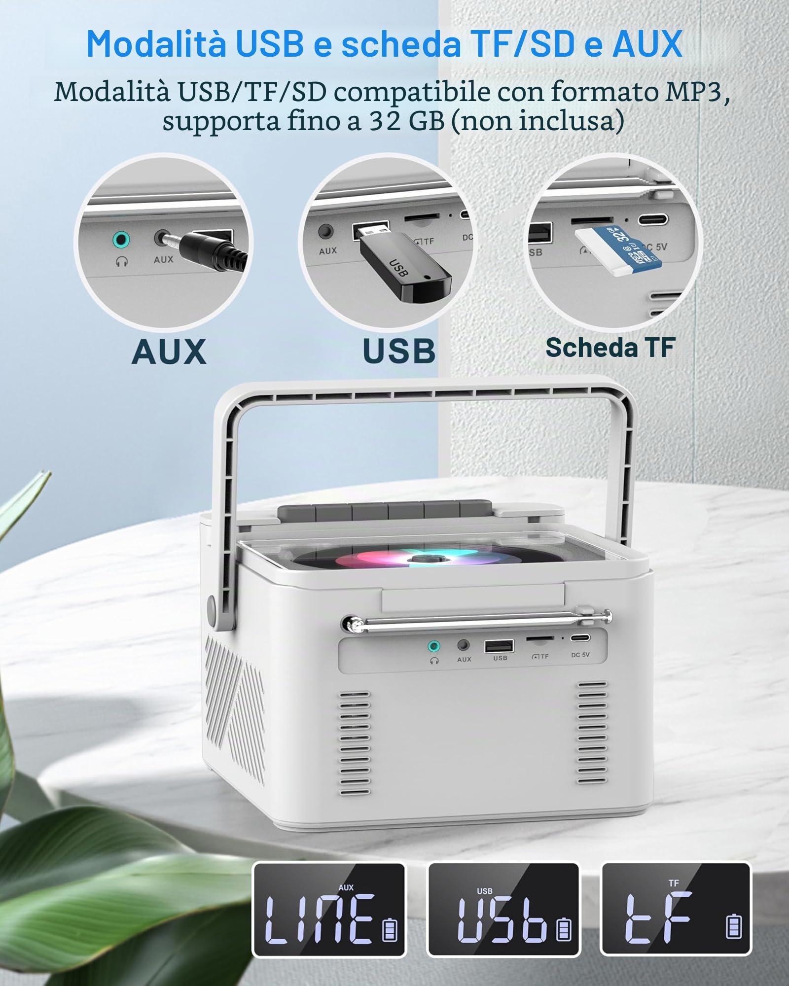 Greadio Lettore CD Portatile, Boombox con Lettore di Cassette e Radio FM, Bluetooth 5.1, Batteria Ricaricabile da 5000mAh, Telecomando, Ingresso AUX/USB/Scheda SD, Altoparlante da 5W, Schermo LED