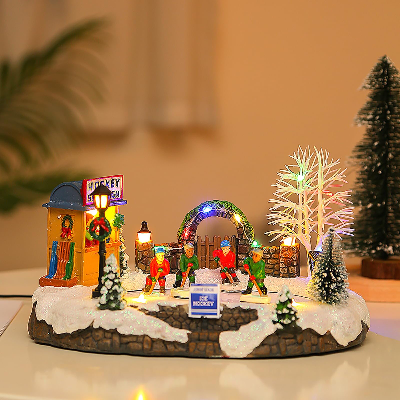 Casa De Nieve con Iluminación Navideña, Pueblo De Nieve Navideño con Estanque De Patinaje Y 4 Patinadores En Movimiento, Música Navideña Clásica, para Decoraciones Navideñas, Exhibición