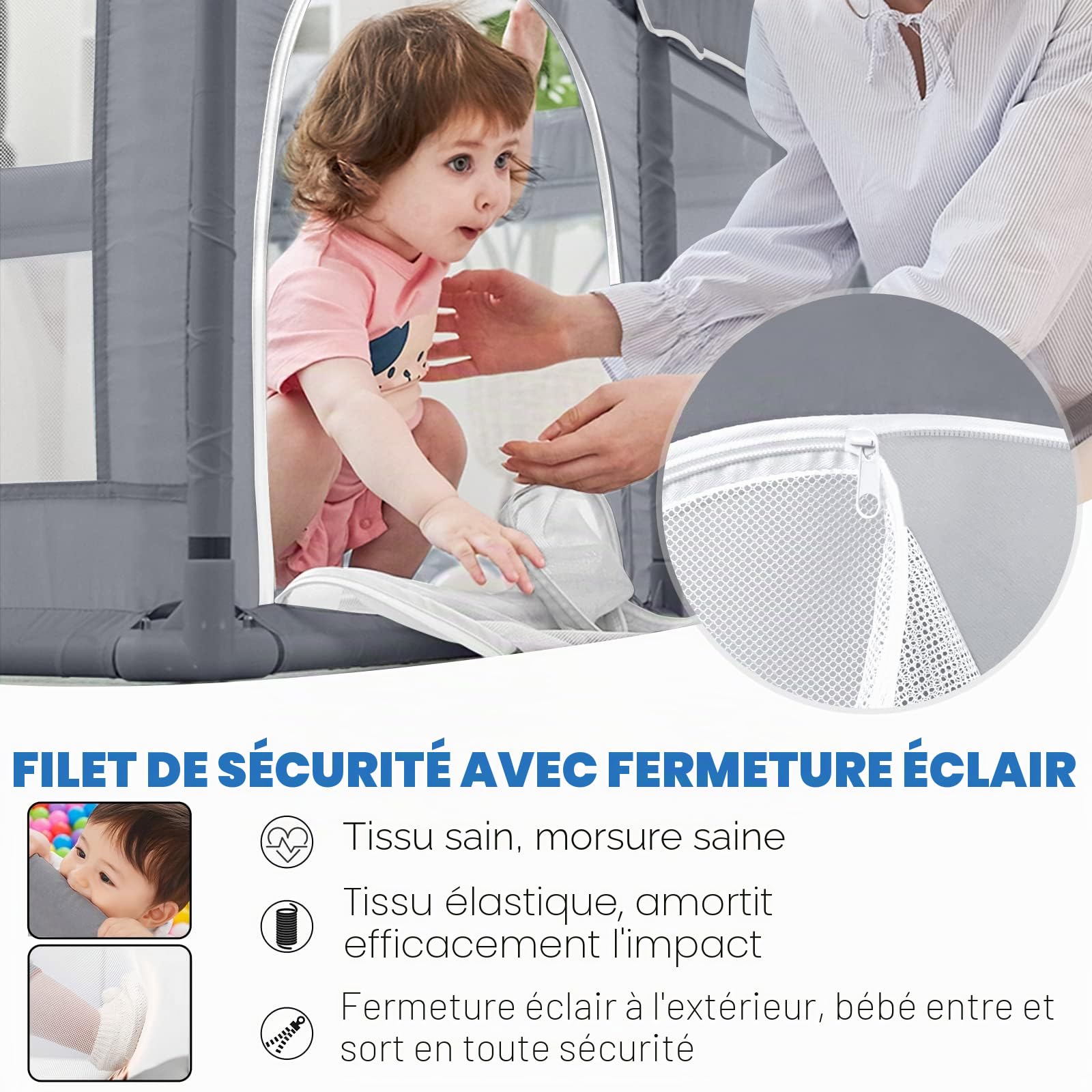 UISEBRT Parc pour bébé avec base antidérapante et filet respirant, grille de barrière stable, centre d'activités pour enfants, gris foncé, 127 x 127 cm