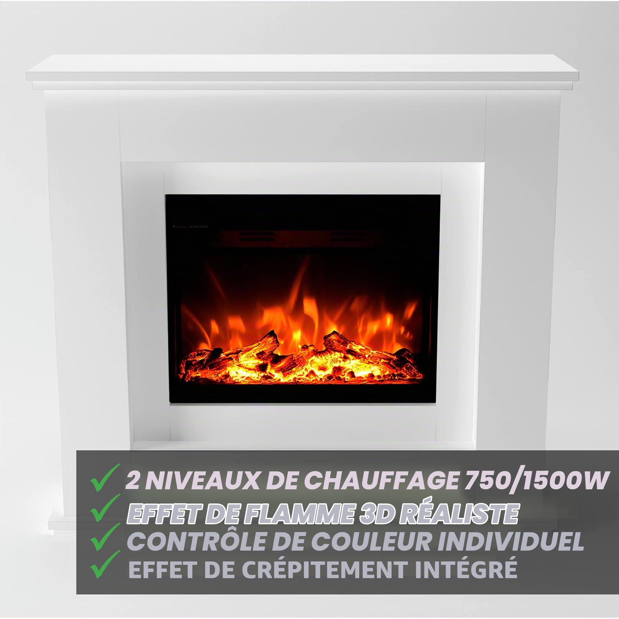 GLOW FIRE Europa Cheminée électrique sur Pied - Cheminée avec Chauffage, feu de cheminée, feu LED 3 Couleurs, Ventilateur, décoration Bois, télécommande, 111x101x33 cm, Blanc