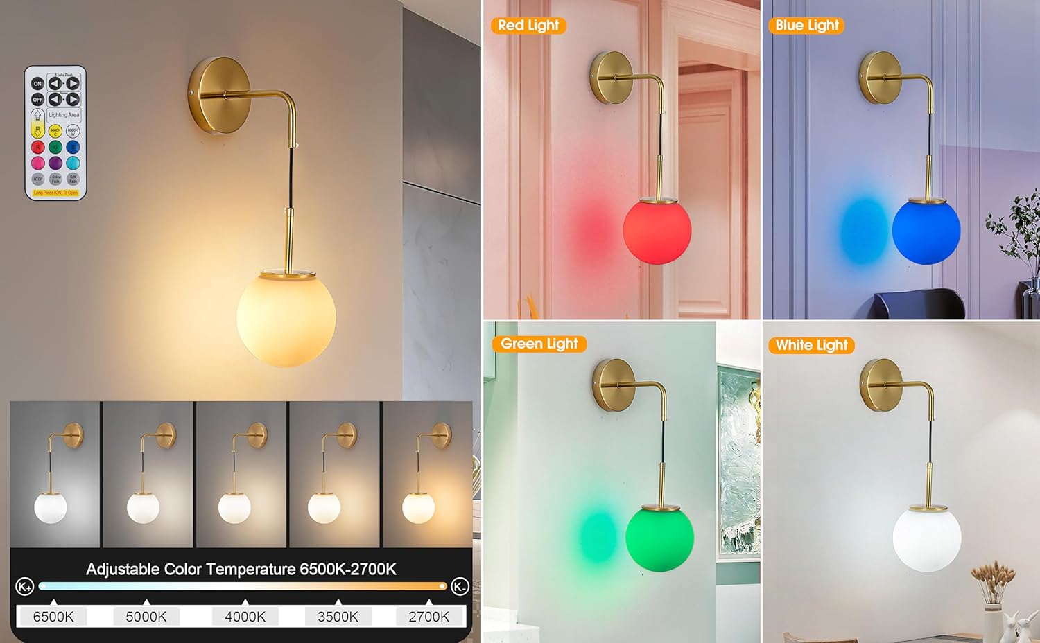 Battery Operated Gooseneck Wall Light Bend Pipe Sconce Adjustable Angle Lighting Fixture，with Remote Dimmable LED Bulb for Farmhouse Interior Decor (Color : Gold)