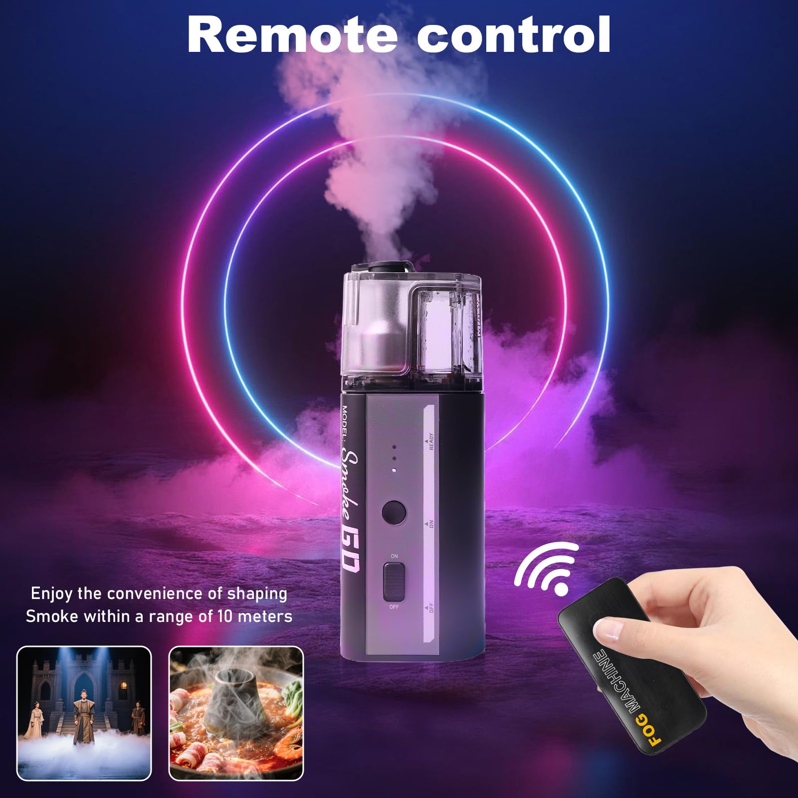 Mini macchina per nebulizzare con telecomando senza fili, 30W, portatile, con batteria, portata di 10m, ricaricabile, macchina per fumo per fotografia, matrimoni, feste e Halloween