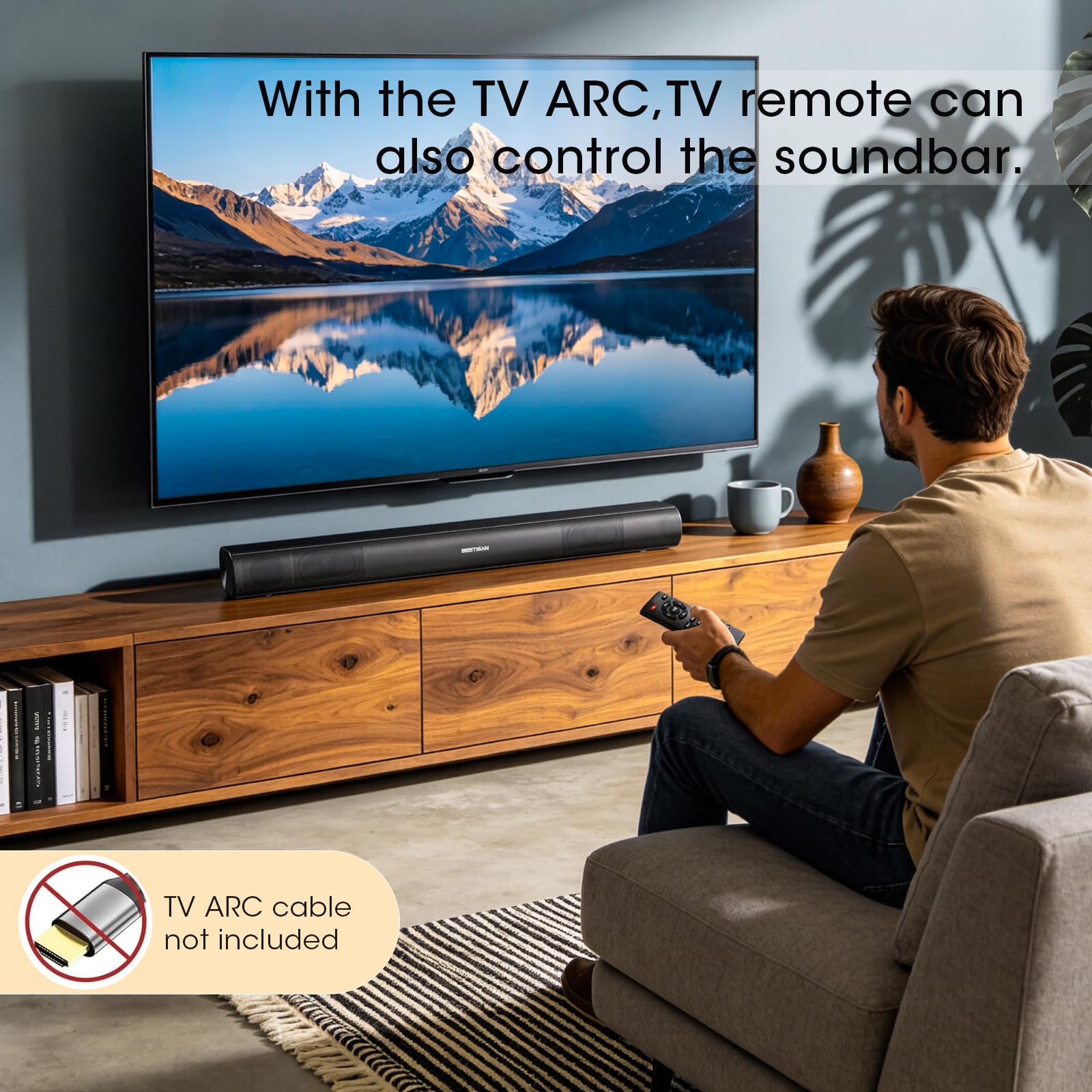 BESTISAN - Barra de sonido con base ondulada con Bluetooth para TV, mesa, sistema de altavoces de audio digital/cine en casa, juegos, proyectores, con control remoto, HDMI-ARC, AUX, óptico, USB