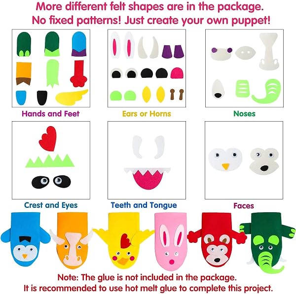 WATINC 12 Pcs Animal Main Marionnettes Kit de Fabrication pour Enfants DIY Art Artisanat Articles de Fête Enfants Jeu de Rôle Jouets Feutre Gant Marionnettes Montrer DIY Feutre Décors - 4