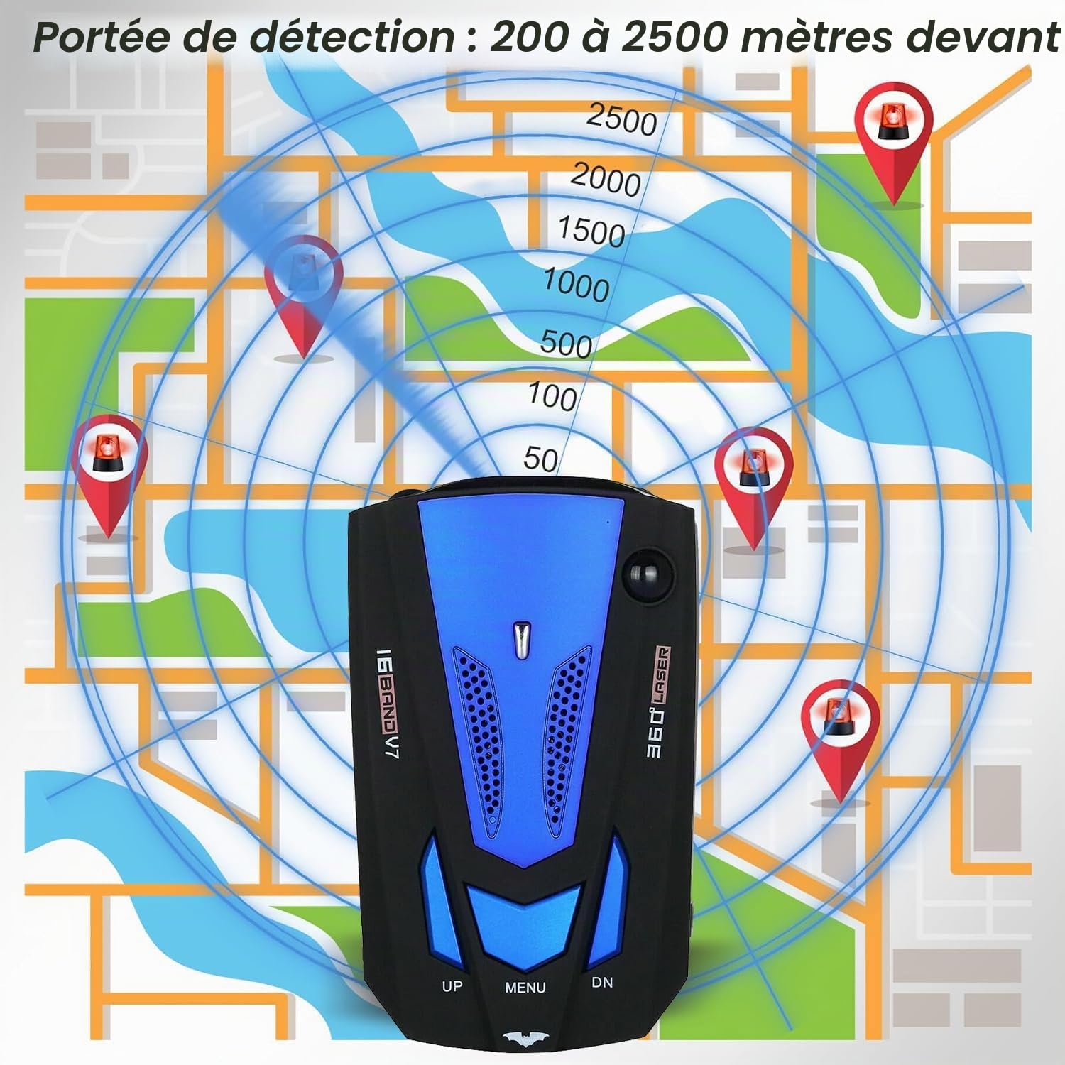 Détecteur de radar de voiture GPS V7 16 bandes, alarme vocale et système d'alarme de vitesse à 360 degrés avec détection, détecteur de radar pour voitures