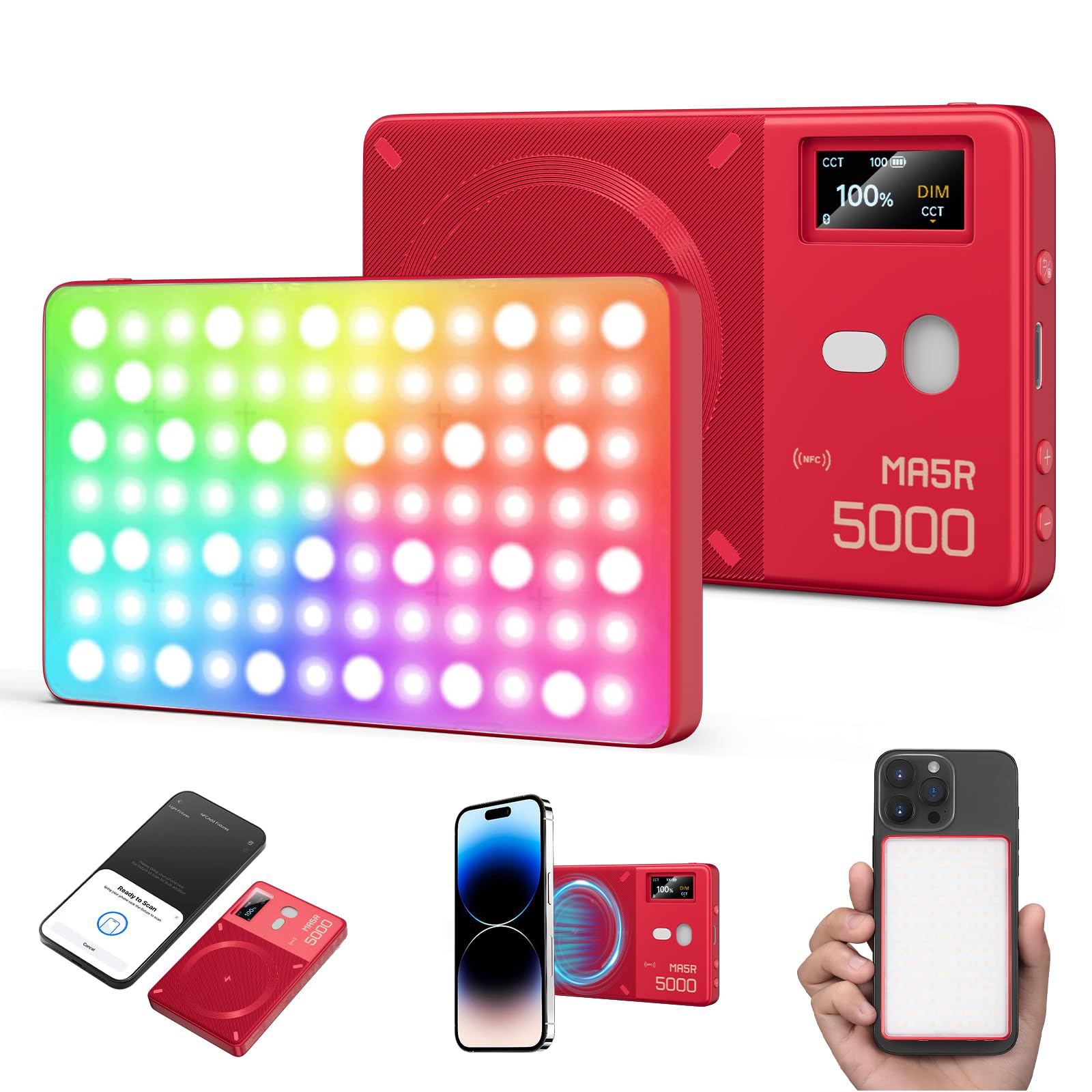 GODOX MA5R Lumière vidéo RVB magnétique Full Colour 1800K-10000K 14 effets pré-programmés pour appareil photo reflex numérique (rouge)