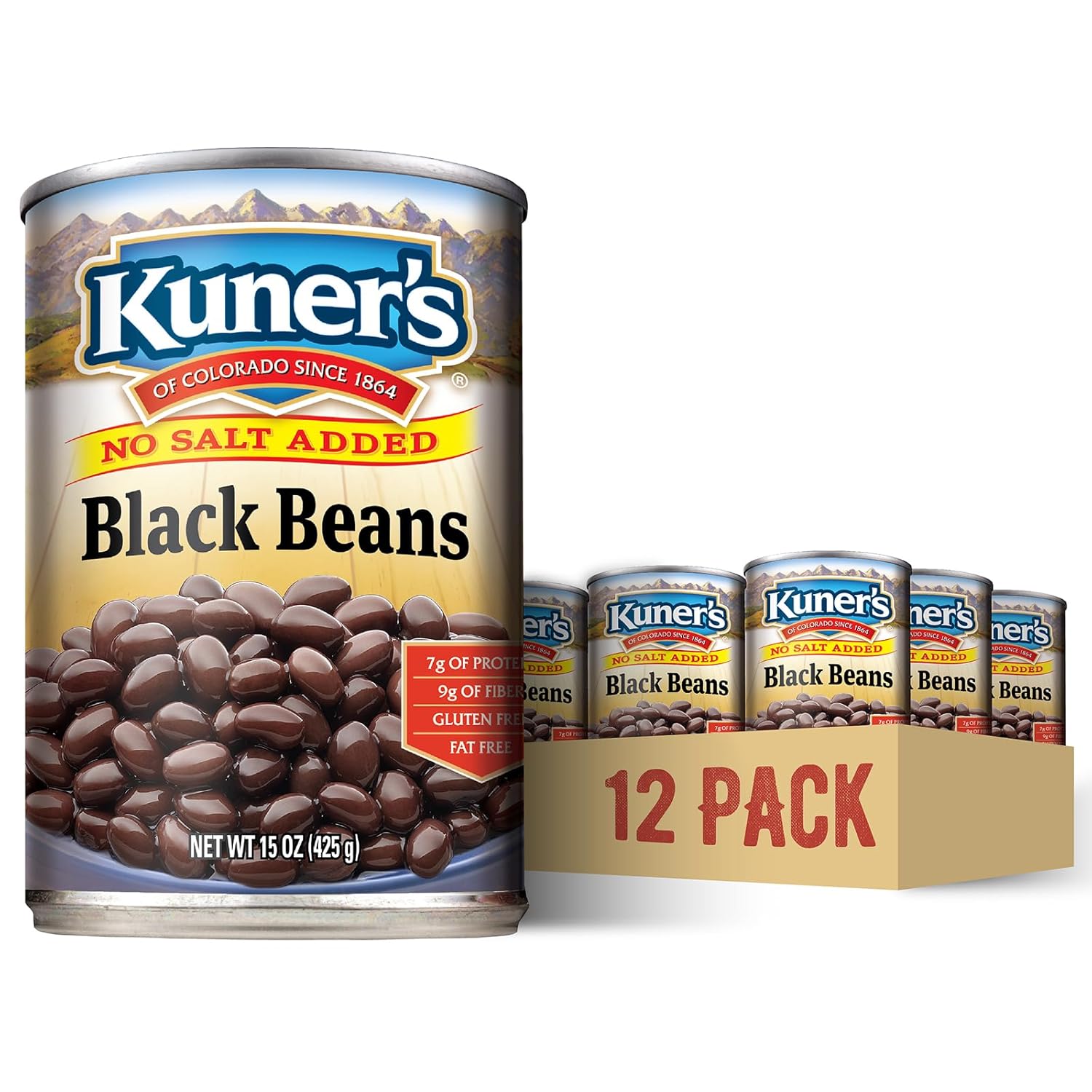 Kuner's No Salt Added Canned Black Beans, Plant Protein and Fiber, Gluten Free, Vegan, Fat Free, 12 Pack of 15 oz Cans