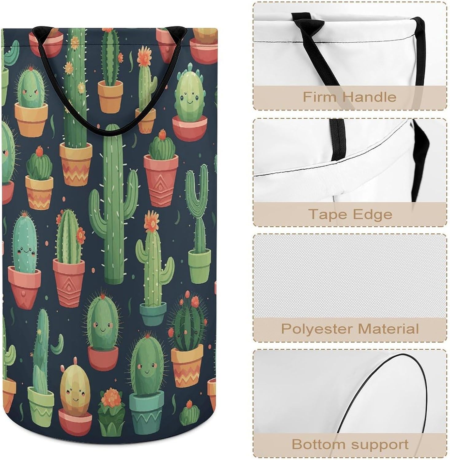 Cute Cactus Seamless Illustration Laundry Hamper with Handles Waterproof Collapsible Laundry Basket Large Lightweight Round Dirty Clothes Hamper for Home Dorm Bathroom Decor