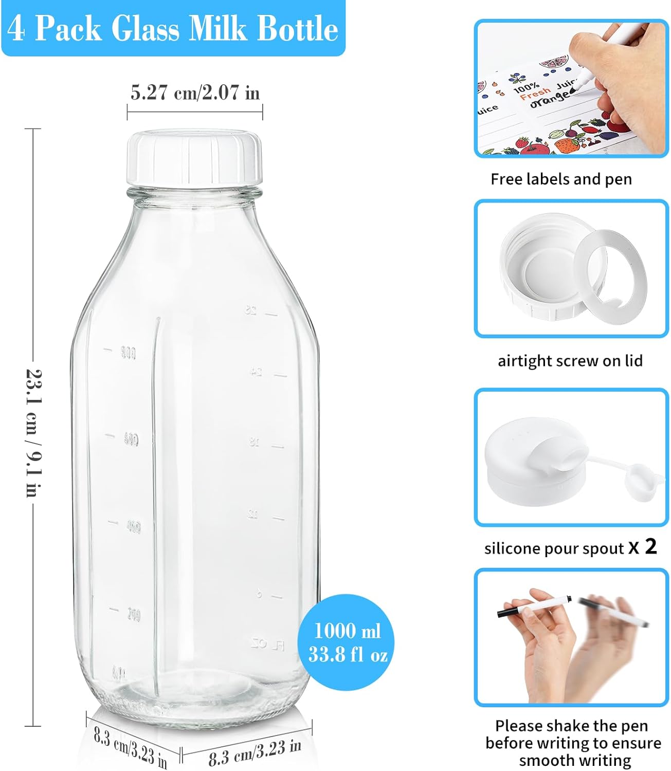 4 Pack 1 Liter Glass Milk Bottles w Scale, 100% Airtight Heavy Duty Screw Lid - 32 Oz Drinking Jars w 2 Pour Spouts - Glass Bottles for Milk, Honey, Jam, Creamer - Dishwasher Safe(Extra 2 Lids) - Image 6