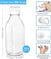 Vista 6 de Paquete de 4 botellas de leche de vidrio de 1 litro con escala, tapa de rosca 100% hermética y resistente, tarros de 32 onzas con 2 boquillas