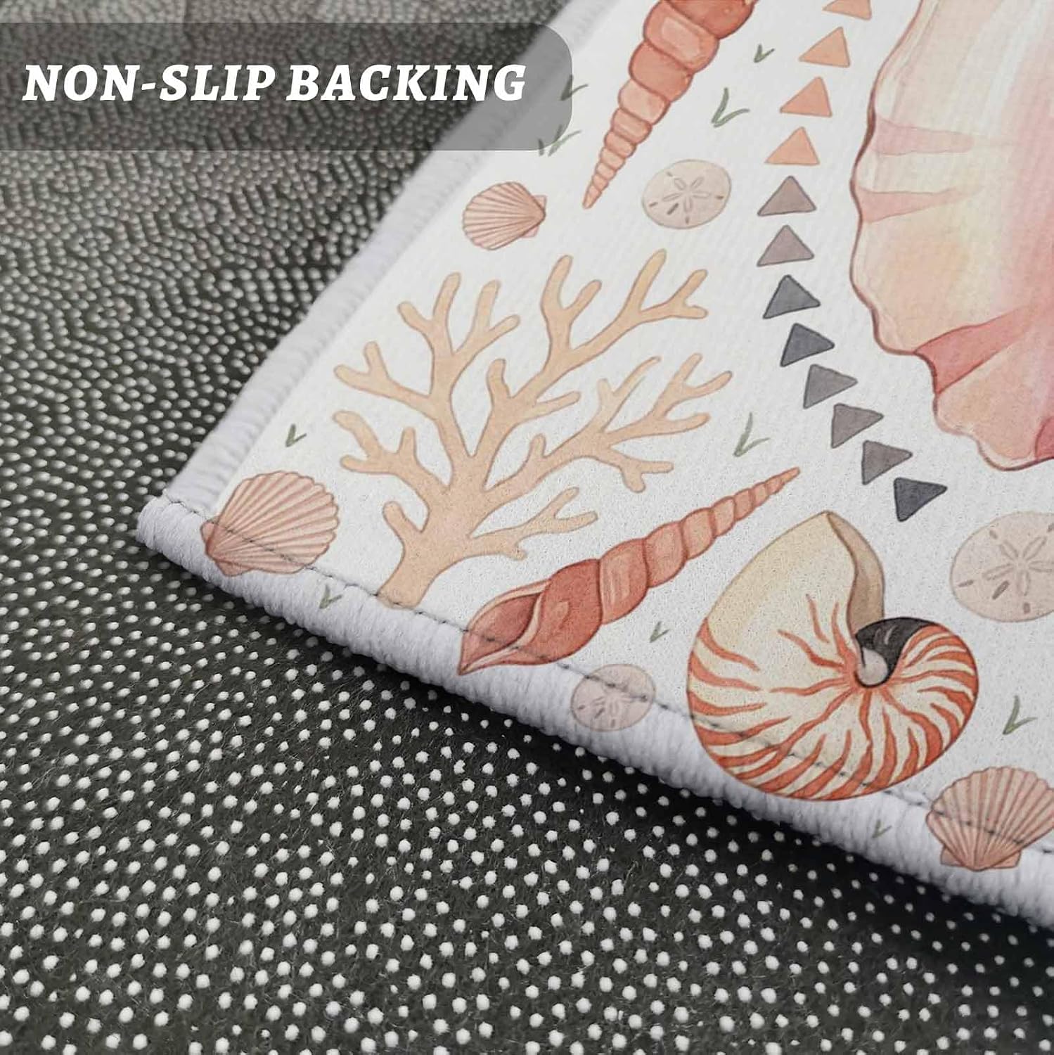 Teamery Kitchen Mats for Floor Ocean Watercolor Conch Shell Washable Non Slip Kitchen Rugs 1PCS, Marine Life Coral Triangle Absorbent Standing Mats for Sink Bathroom Office Living Room 15.7x47.2in