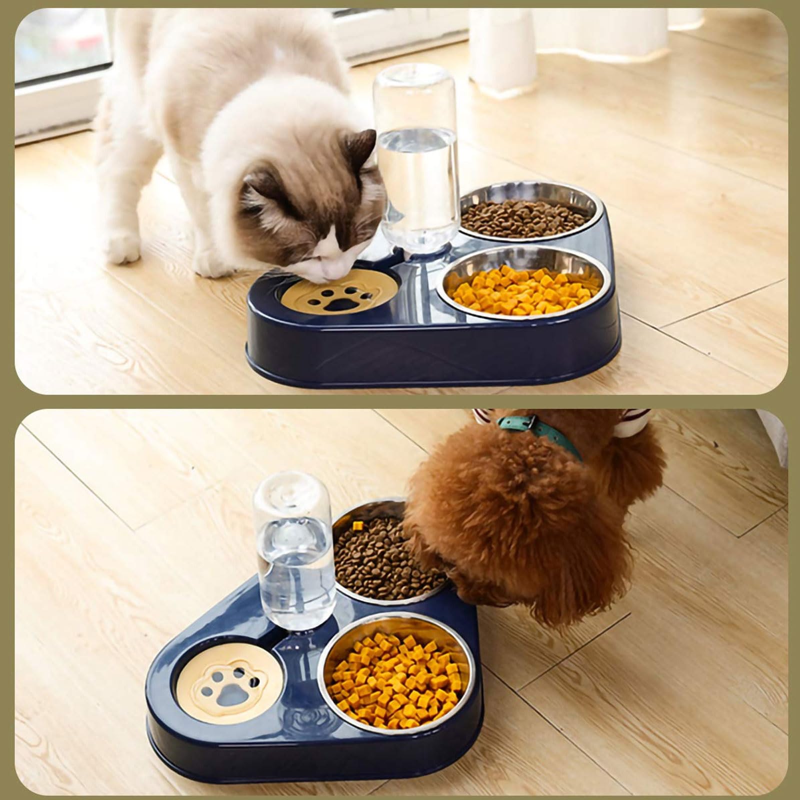 comederos para Mascotas, Comedero for Gatos de Acero Inoxidable 3 en 1, Doble, con depósito automático de Agua for Perros y Gatos.(Blue)