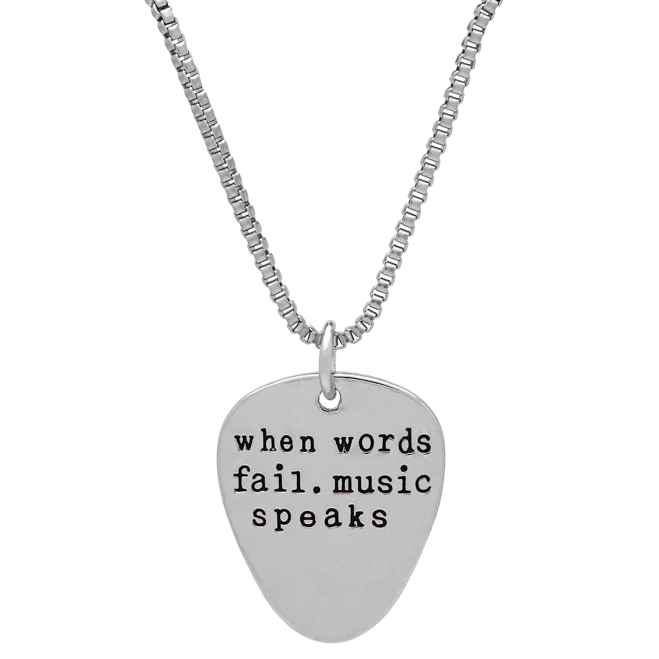Art Attack When Words Fail Music Speaks Chain Necklace, Electric Guitar Pick Rock N Roll Love Metal Pendant Charm (Silver)