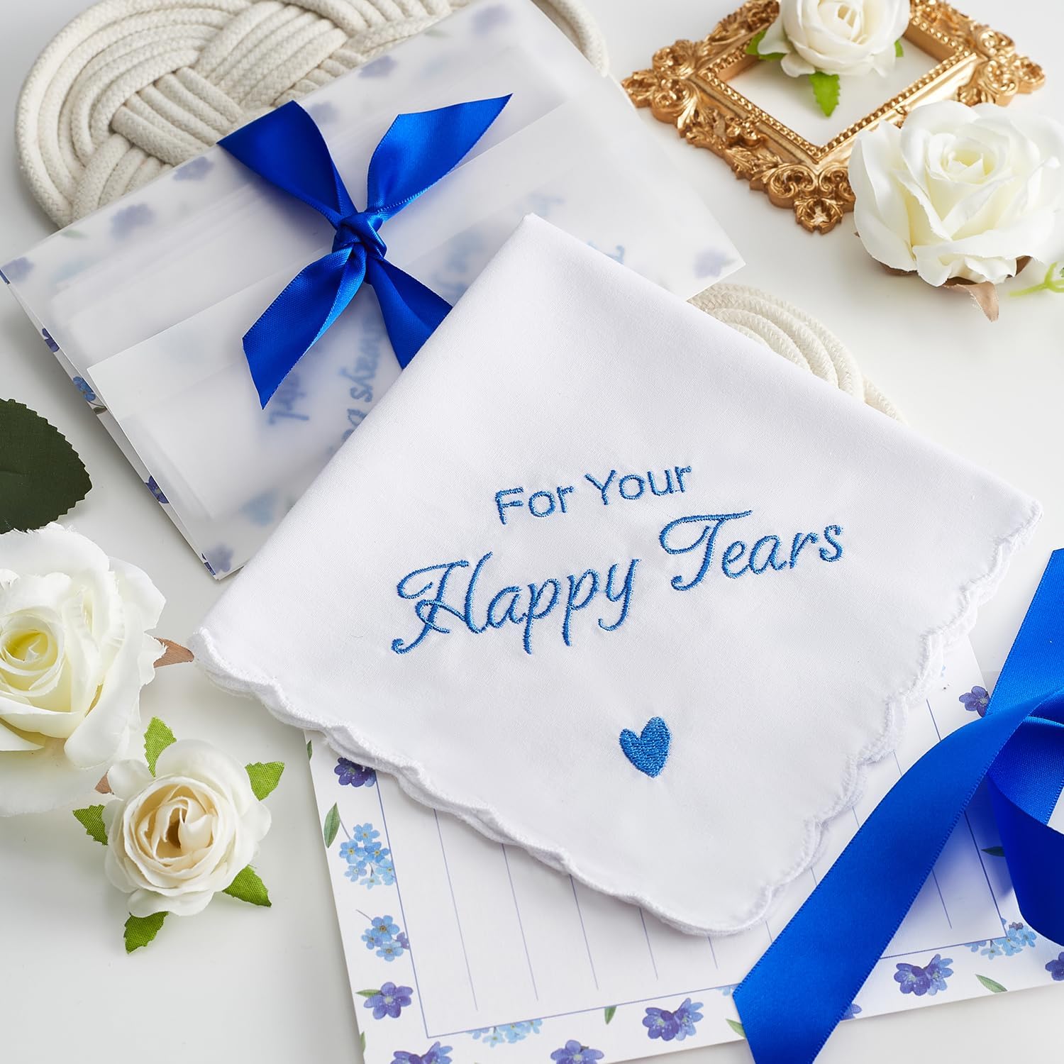 Happy Tears Handkerchief Wedding Gifts Something Blue Gift for Bride to Be Mother of the Bride and Groom Gift, AKI-103R