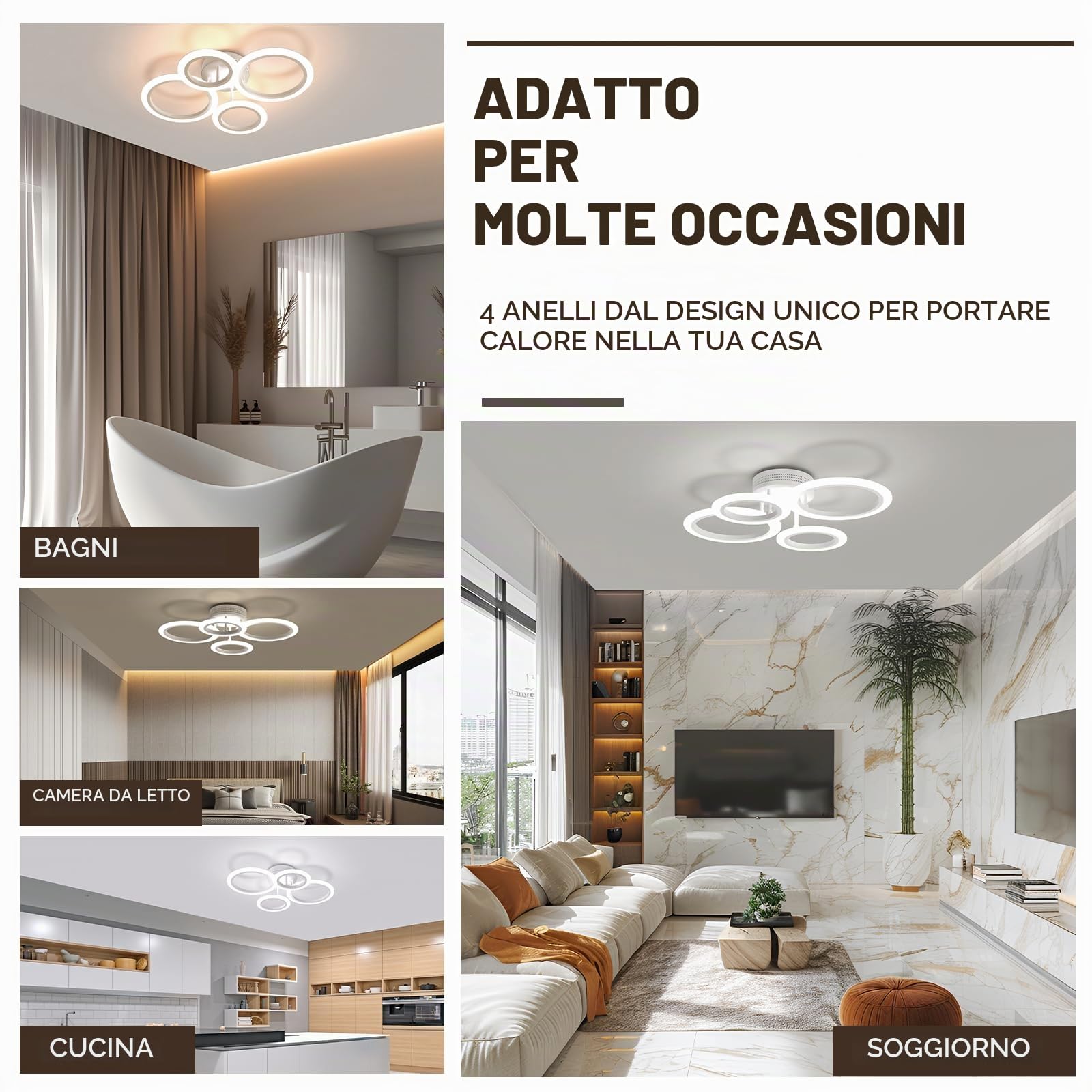 Plafoniera LED Soffitto,4 Anelli Ø52cm 48W Acrilico Dimmerabile Lampadari Moderni led con Telecomando App,2700K-7000K,4400LM Lampadario per Soggiorno Camera da Letto Cucina Ufficio