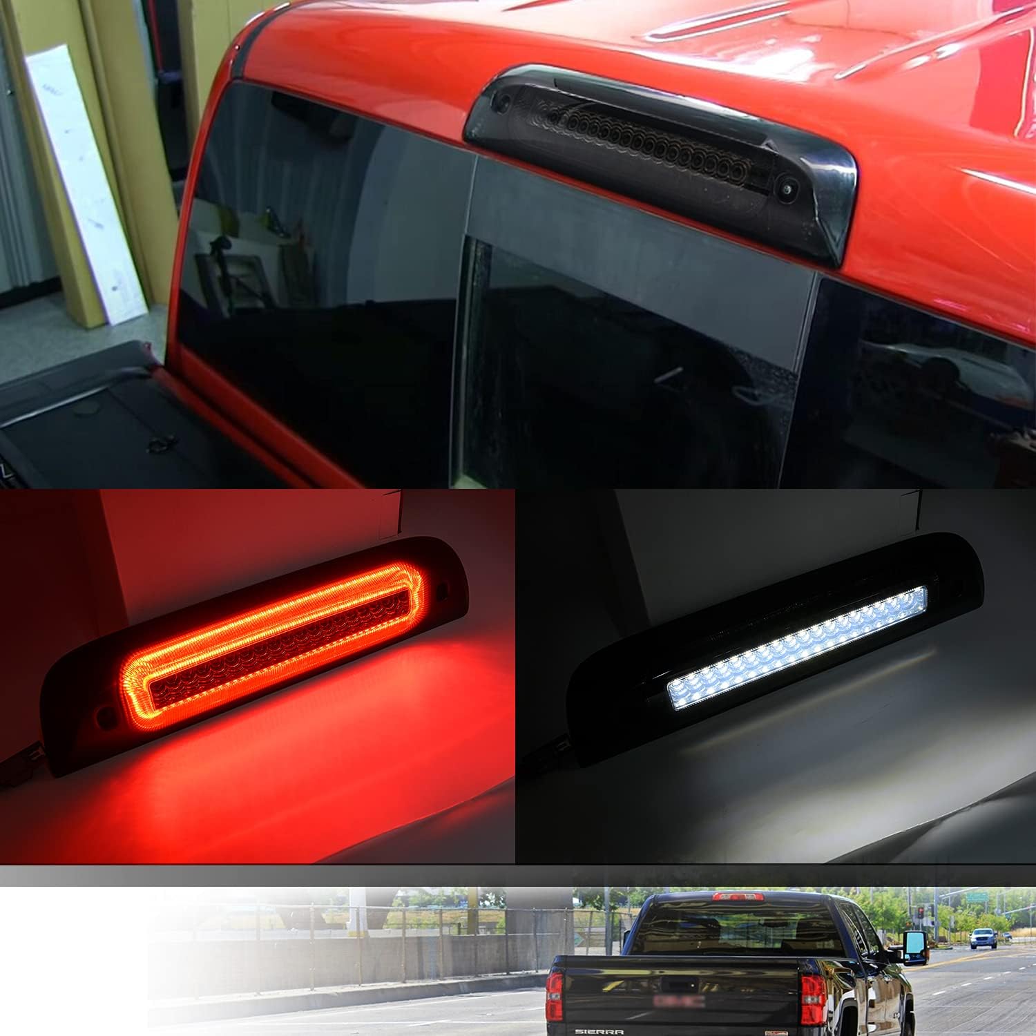 Suреr Bіg Clеаrаnсе! Led Third Brake Light Replacement for 2014-2018 Chevy Silverado GMC Sierra 1500 2500HD 3500HD Red LED Strobe Rear 3rd Brake Center High Mount Stop Lamp + White Cargo Light Kit Euro Smoked Lens