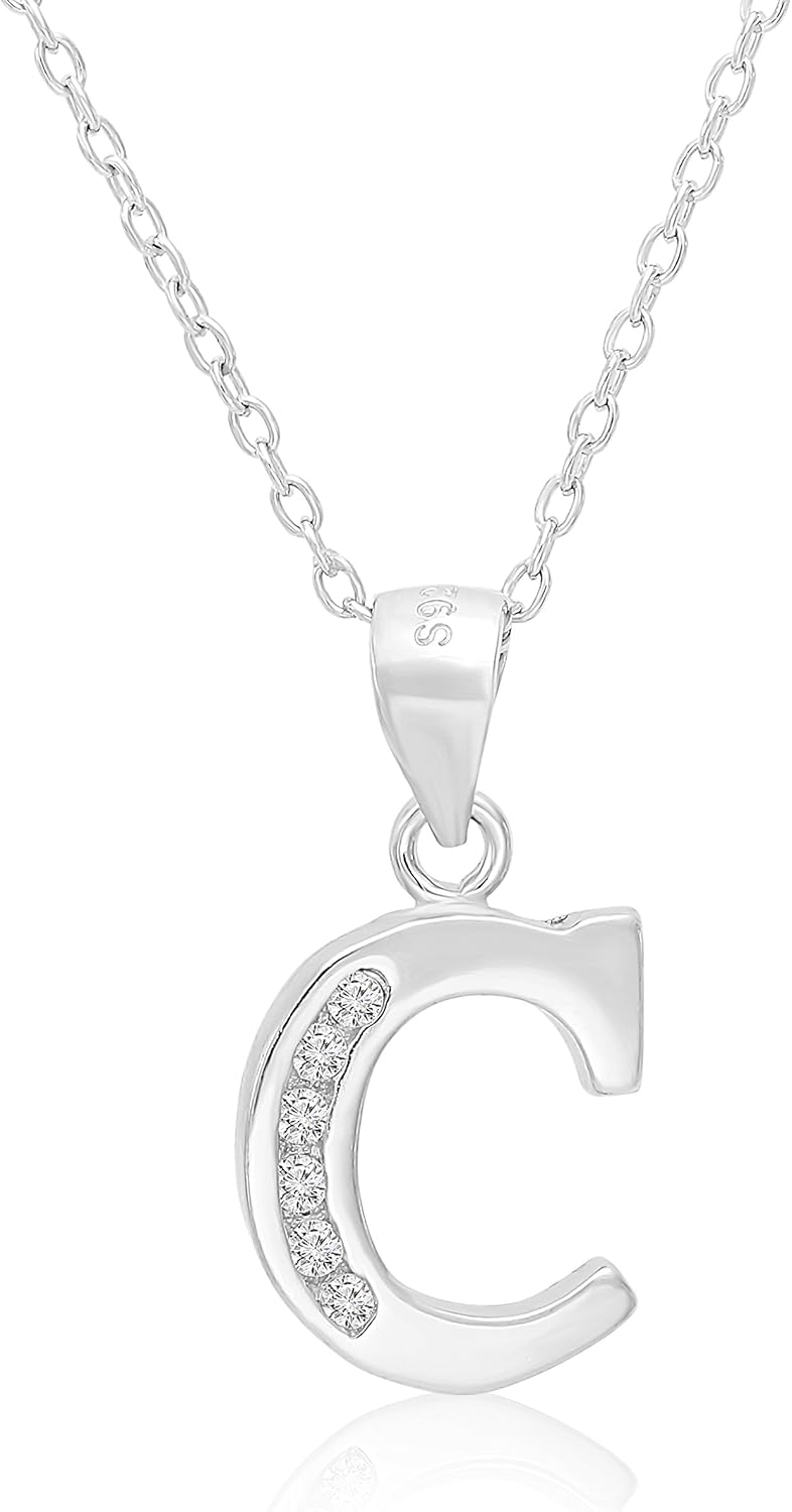 TILO JEWELRY Chic & Contemporary Initial Pendant Necklace in .925 Sterling Silver & Clear Cubic Zirconia