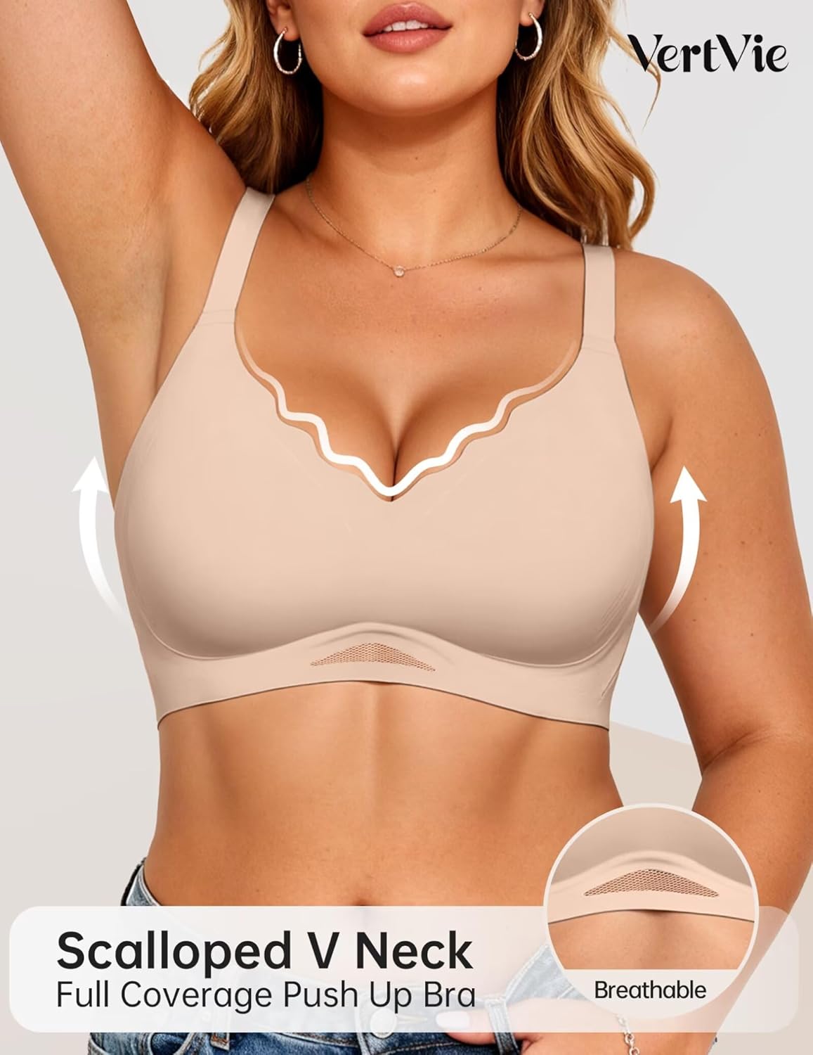 Vertvie Bras for Women Wireless Comfortable Push Up Bra Scalloped Seamless Full Coverage No Underwire Supportive T Shirt Bras - Image 3